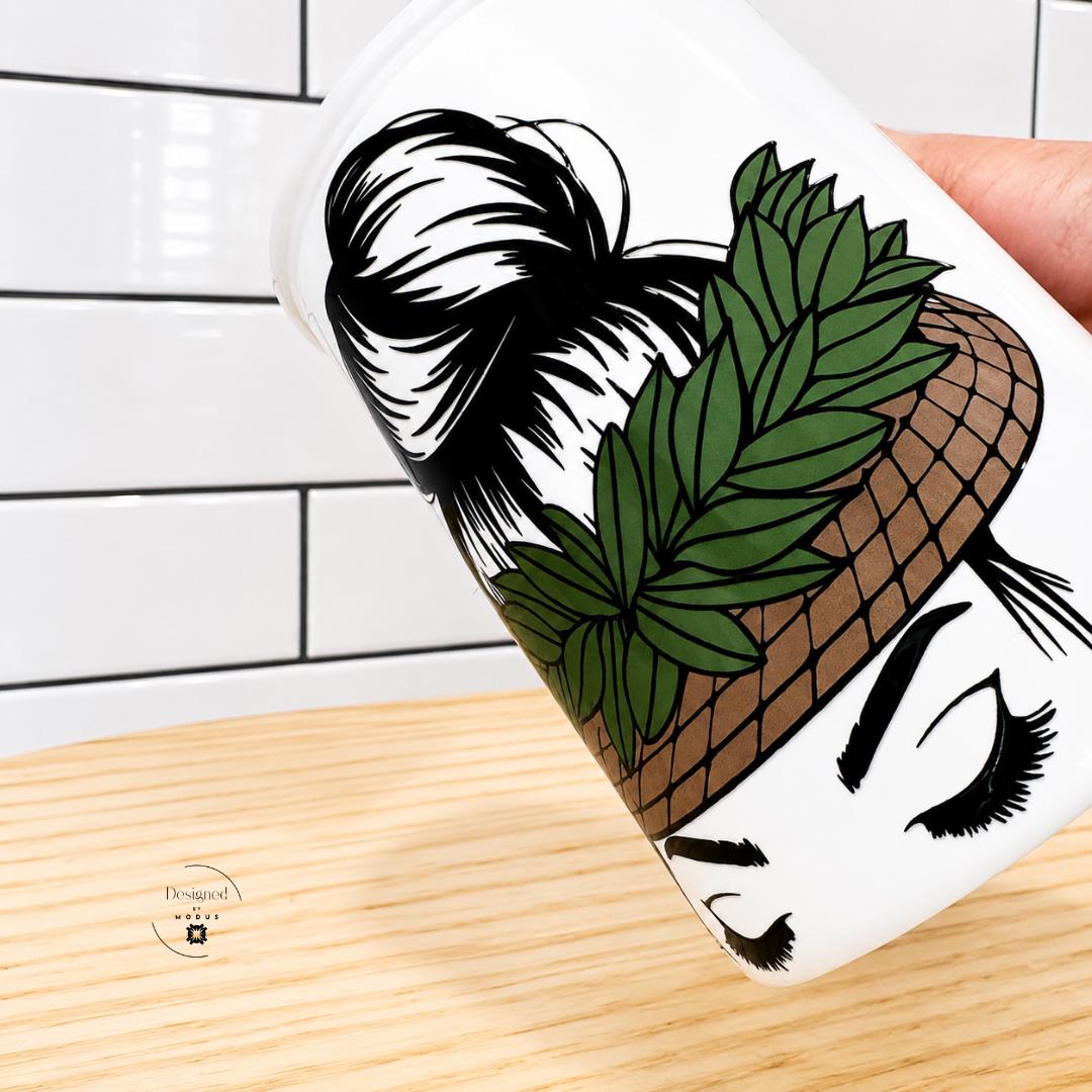 Botanical Artwork Mug Tropical Coffee Cup Hawaiian Style Woman Gift Ceramic Kitchen Accessory Banana Leaf Crown Design Island Theme Tahitian Pattern Beach House Drinkware Aloha Lifestyle Beverage Essential Daily Use Morning Coffee Messy Bun