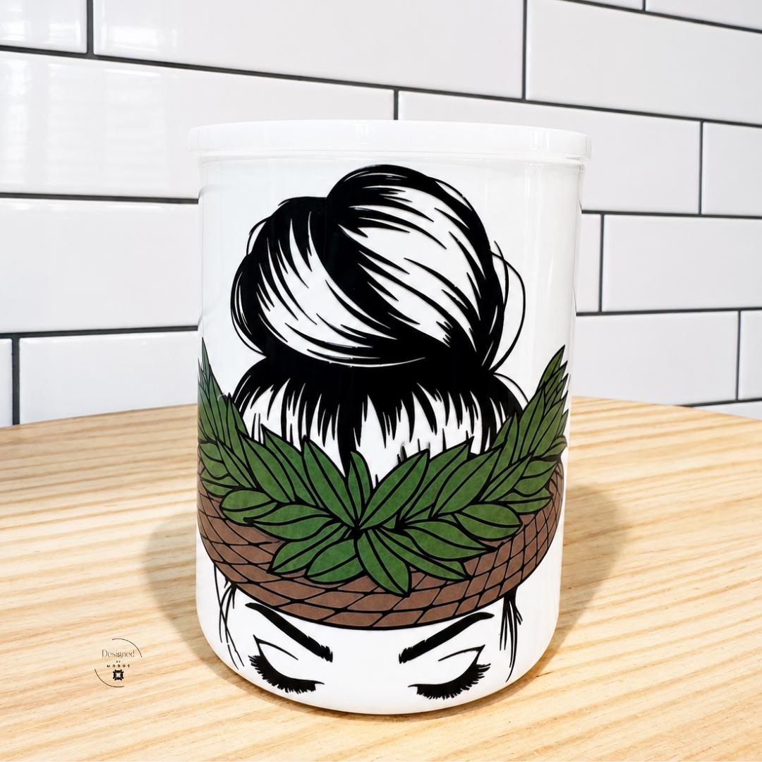 Tropical Coffee Mug Woman Gift Hawaiian Style Ceramic Cup Kitchen Accessory Island Theme Tahitian Design Banana Leaf Botanical Artwork Messy Bun Crown Pattern Aloha Lifestyle Beach House Beverage Drinkware Morning Coffee Ritual Daily Use