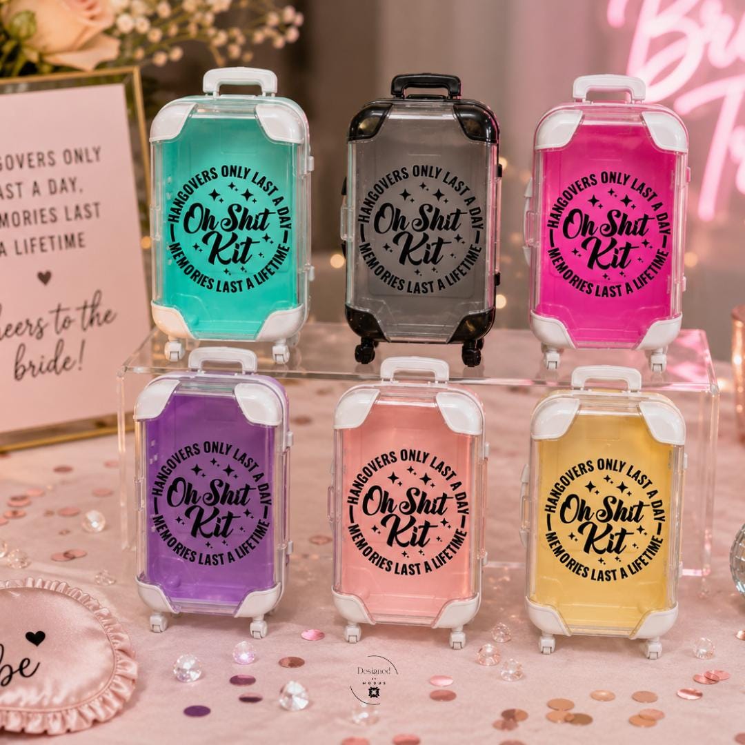 Bachelorette Party Favor Container Storage Kit Miniature Suitcase Design Hangover Survival Kit Wedding Party Gift Bridesmaid Bachelor Groomsmen Present Functional Wheels Protective Corners Portable Storage Solution Oh Shit Kit Novelty Tin