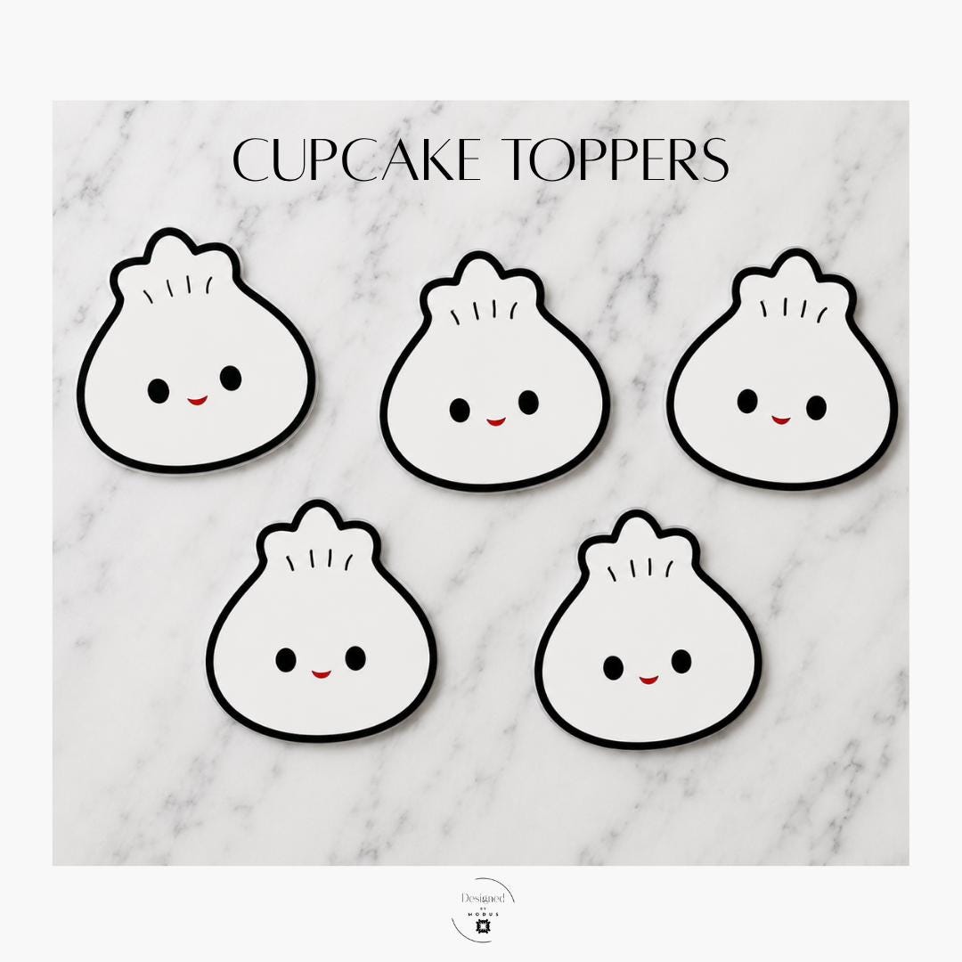 Party Favor Guest Keepsake Kawaii Dumpling Character Cupcake Topper Set First Birthday Celebration Supplies Reusable Acrylic Design Asian Themed Baking Accent Cake Supply Collection White Background Black Outline Red Smile Details Five