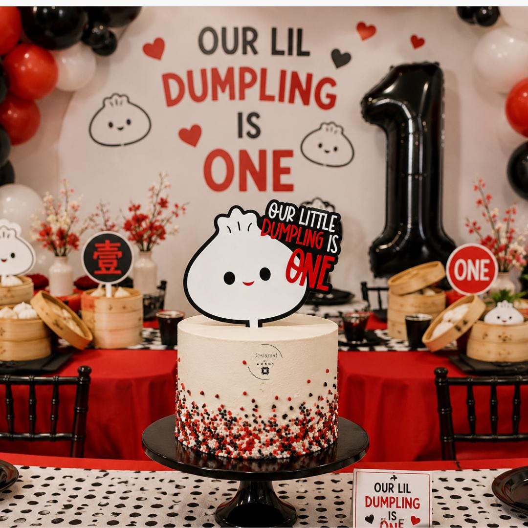Custom Acrylic Topper Dumpling Character Design First Birthday Party Sign Asian Themed Celebration Baby Milestone One Year Old Centerpiece Personalized Text Colors Infant Smash Cake Photography Prop Dessert Display Our Little Dumpling