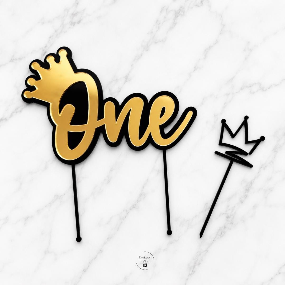 Baby First Birthday Party Supply Cake Topper Set Gold Acrylic Crown Design One Year Celebration Milestone Smash Cake Photo Prop Cupcake Decoration Collection Perfect Party Essential Includes Large Topper Twelve Small Picks Beautiful Theme