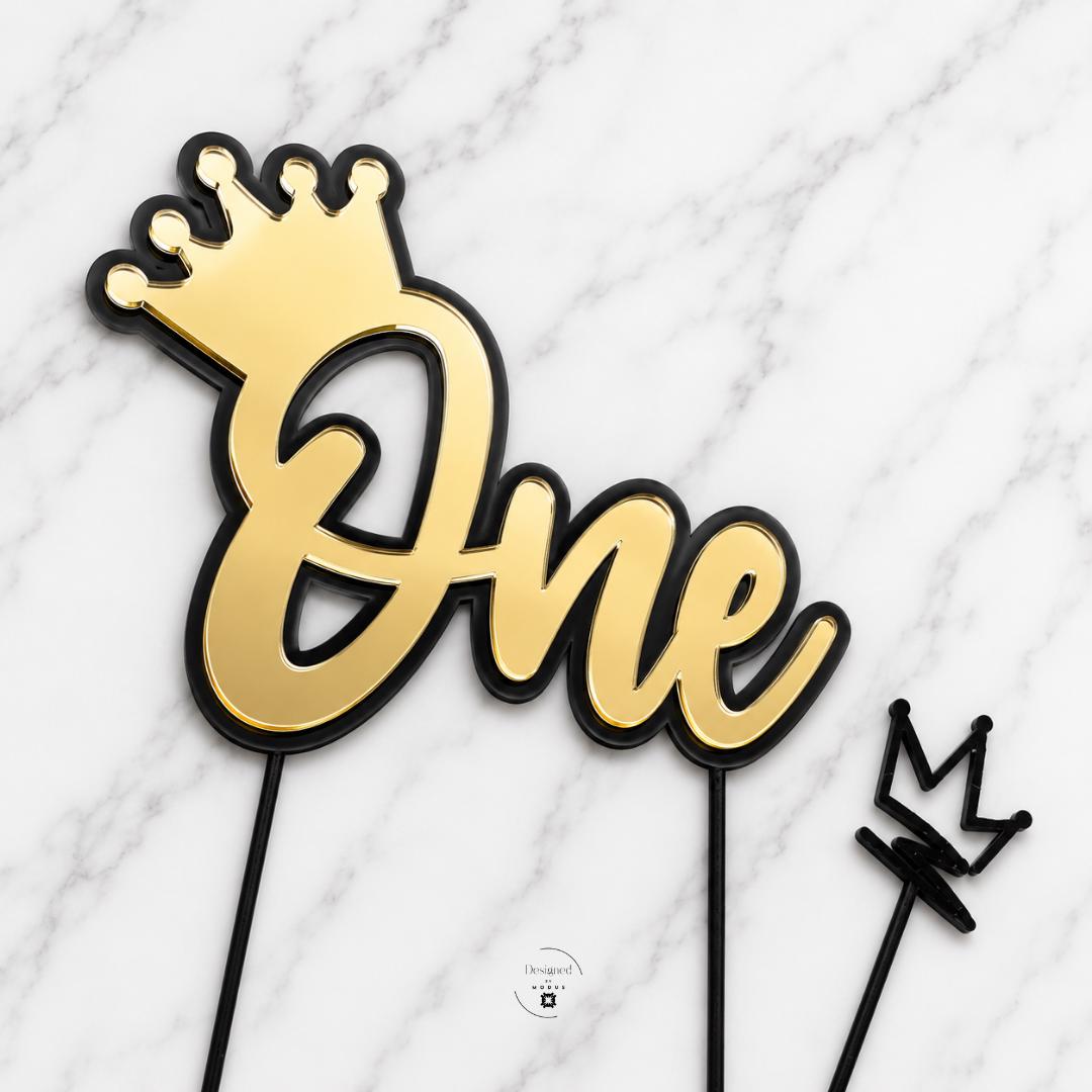 Cake Topper Set First Birthday Celebration Gold Acrylic Crown Design One Year Party Supply Baby Milestone Smash Photo Prop Cupcake Decoration Collection Perfect Party Essential Includes Large Topper Twelve Small Picks Beautiful Birthday