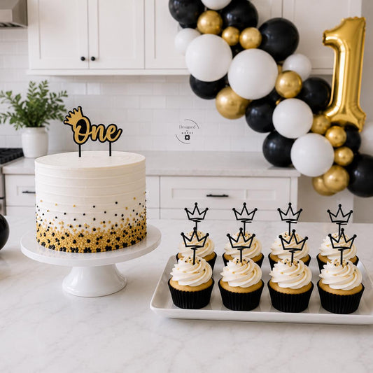 1st Birthday Party Crown Theme Black Gold Balloon Garland Cake Topper Cupcake Set Baby Celebration Photo Backdrop Royal Design One Year