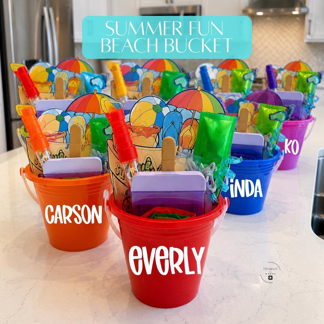 Personalized Beach Bucket Custom Name Birthday Party Guest Favors Kids Summer Activity Gift Set Complete Bundle Coloring Pages Pencils Bubbles Silly Straw Inflatable Ball Popsicle Sipper Plastic Pail Shovel Toddler Outdoor Entertainment