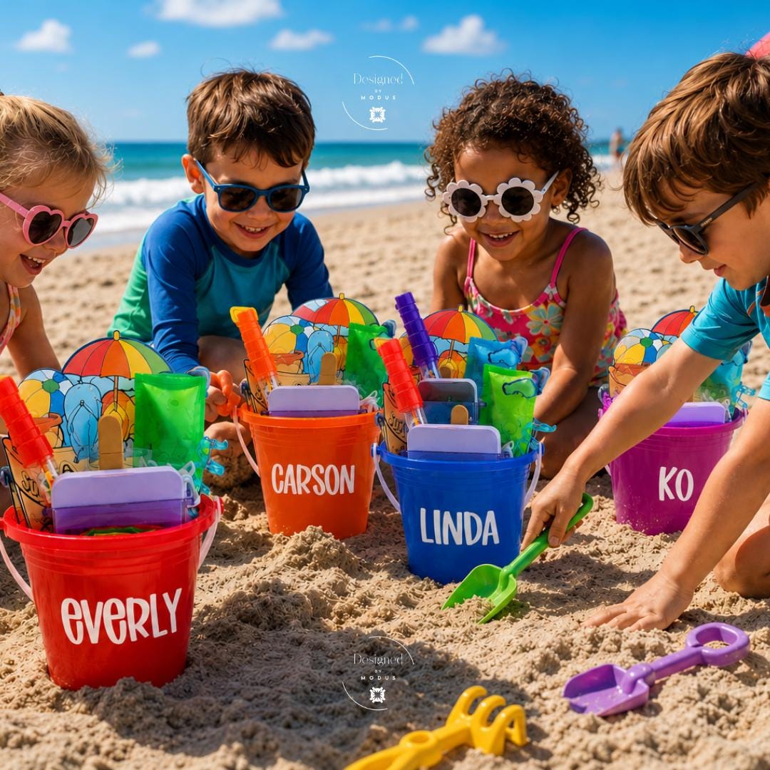 Summer Activity Bundle Beach Pail Custom Name Gift Set Kids Outdoor Entertainment Personalized Toddler Present Complete Collection Coloring Pages Bubbles Inflatable Ball Silly Straw Popsicle Sipper Shovel Birthday Party Favors Pool