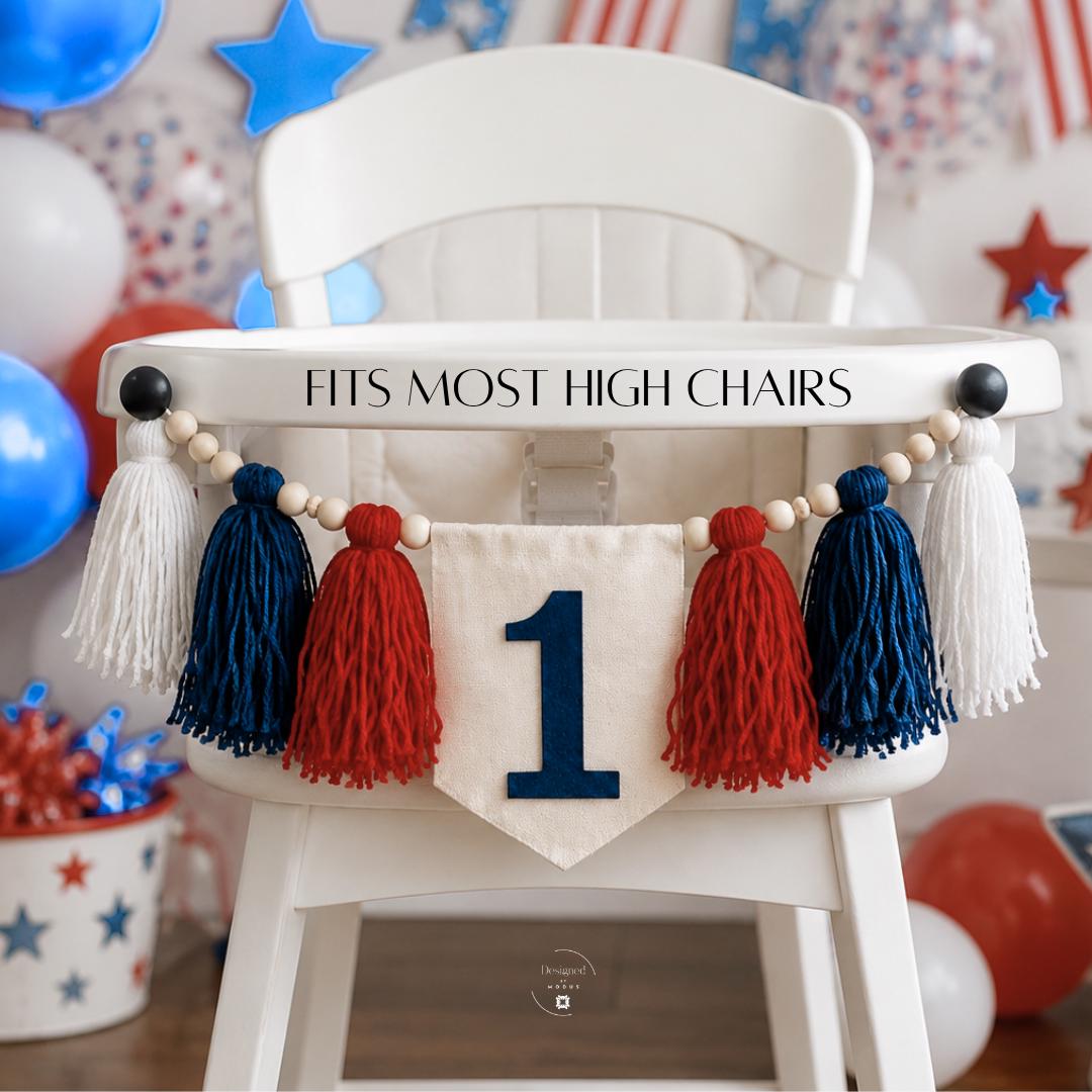 High Chair Banner First Birthday July Celebration One Year Birthday Party Patriotic Theme Red White Blue Birthday Cake Smash Photo Backdrop