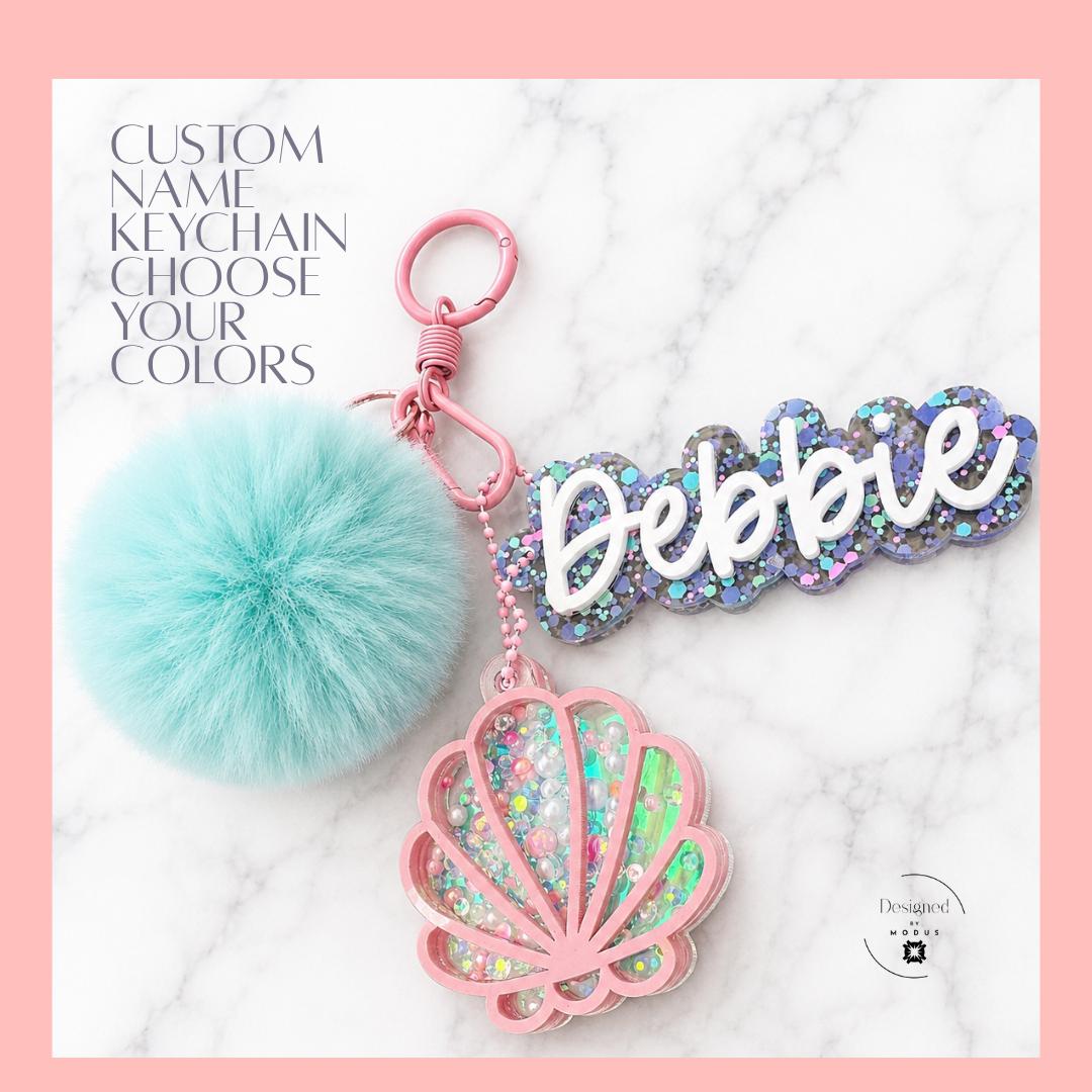 Personalized Name Keychain Custom Team Spirit Gift Cheer Volleyball Player Present Glitter Acrylic Charm Fluffy Pom Pom Accessory Rhinestone Seashell Design Backpack Zipper Pull Bag Tag Clip Softball Basketball Fan Gift Laptop Bag Charm