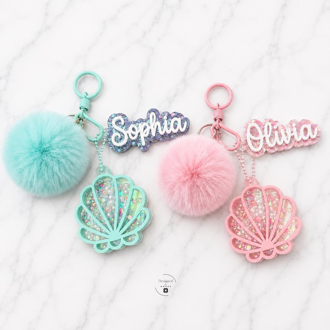 Personalized Name Keychain Custom Team Spirit Gift Cheer Volleyball Player Present Glitter Acrylic Charm Fluffy Pom Pom Accessory Rhinestone Seashell Design Backpack Zipper Pull Bag Tag Clip Softball Basketball Fan Gift Laptop Bag Charm