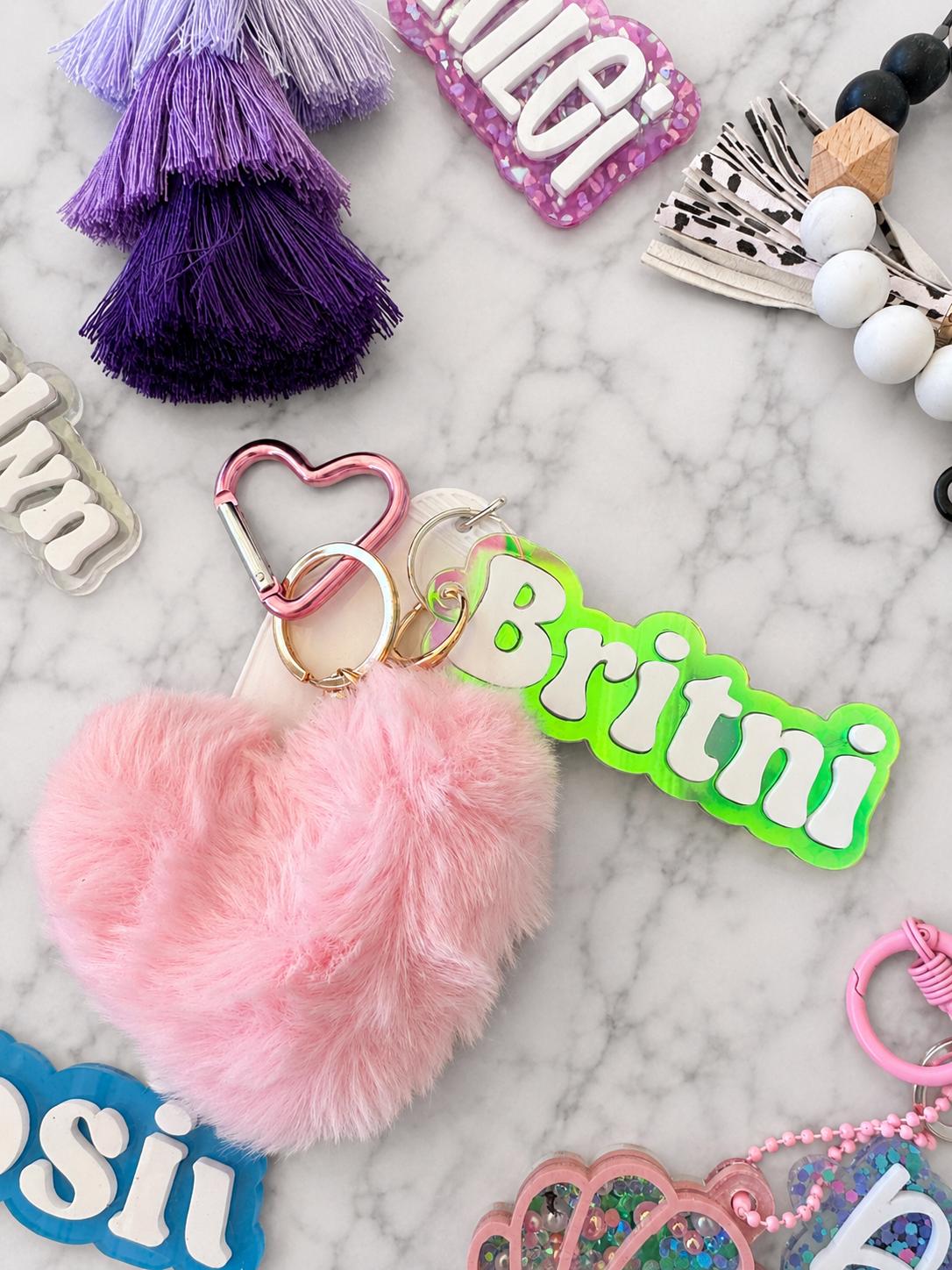 Personalized Name Tag Holder Beaded Wristlet Keychain Custom Gift Women Accessory Marble Pattern Silicone Beads Gray White Design Mint Green Pom Pom White Leather Tassel Ombre Tassel Details Gold Hardware Key Ring Holder Teacher