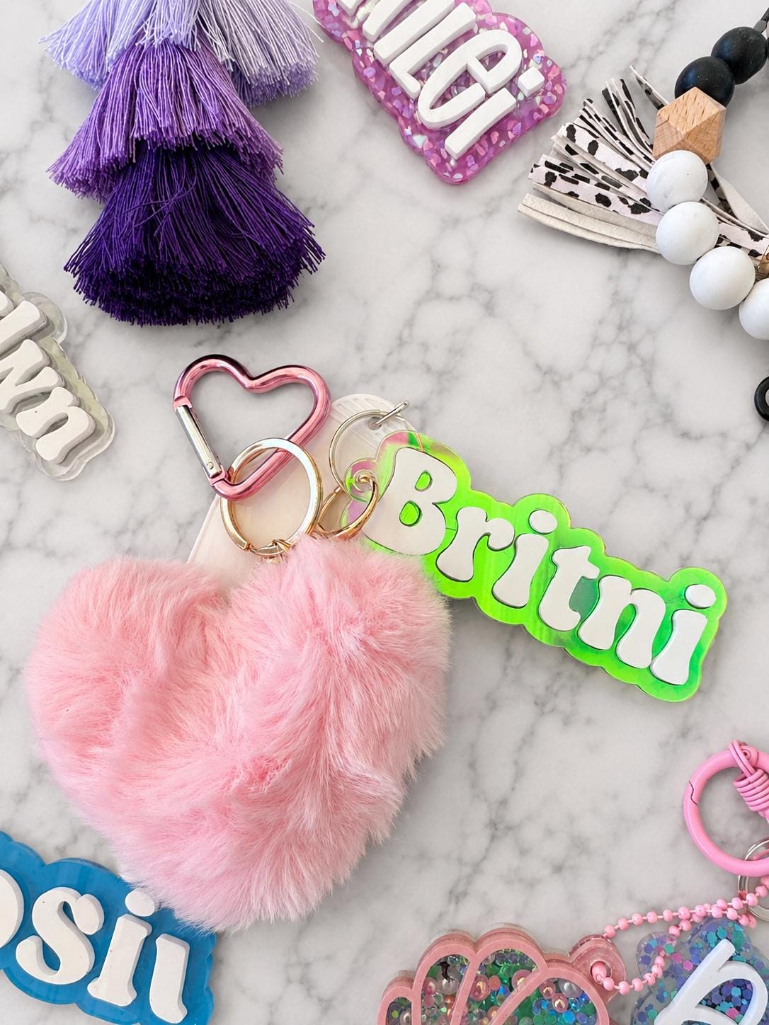 Personalized Name Tag Holder Beaded Wristlet Keychain Custom Gift Women Accessory Marble Pattern Silicone Beads Gray White Design Mint Green Pom Pom White Leather Tassel Ombre Tassel Details Gold Hardware Key Ring Holder Teacher