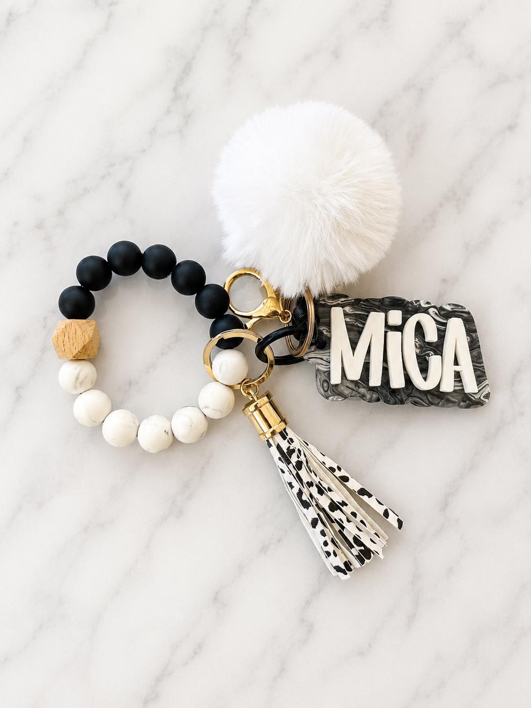 Personalized Name Tag Holder Beaded Wristlet Keychain Custom Gift Women Accessory Marble Pattern Silicone Beads Gray White Design Mint Green Pom Pom White Leather Tassel Ombre Tassel Details Gold Hardware Key Ring Holder Teacher