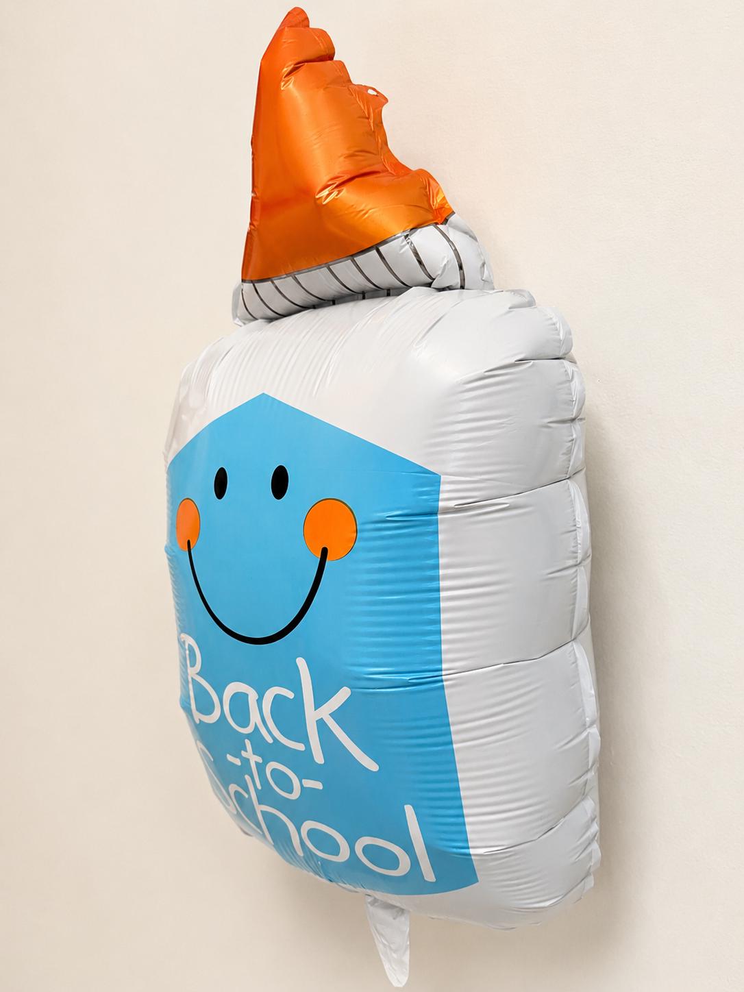 First Day School Celebration Mylar Foil Balloon Glue Bottle Shape Design Smiling Face Back School Text Orange Cap White Body Student Party Supply Classroom Decoration Teacher Appreciation Gift 16 Inch Size Premium Quality Novelty Theme