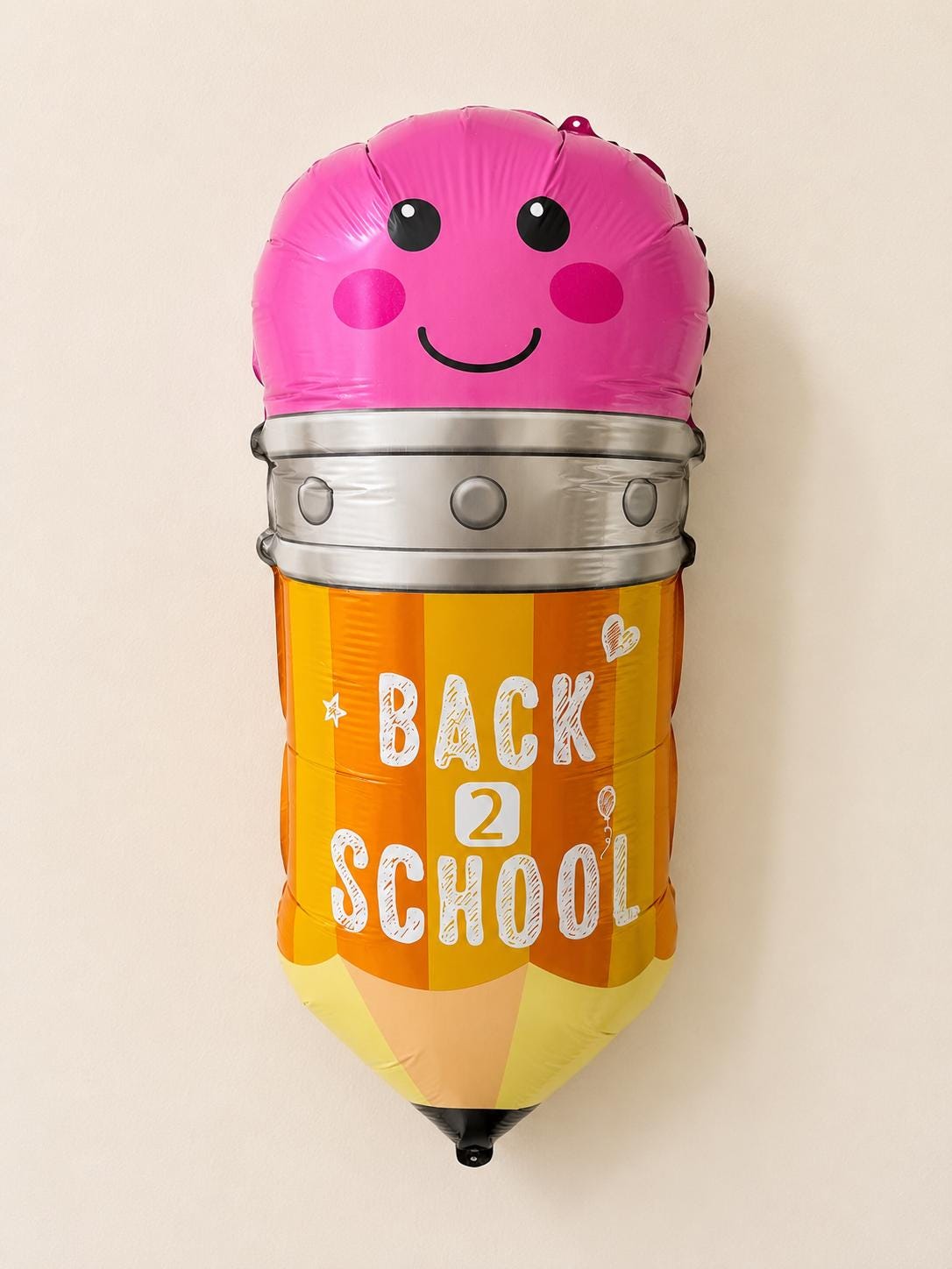 Teacher Appreciation Gift Giant Pencil Balloon Mylar Foil Construction Yellow Orange Body Smiling Face Design Pink Eraser Top Silver Band Detail Black Tip Point Twenty Nine Inch Large Size Perfect Classroom Celebration Back To School Party