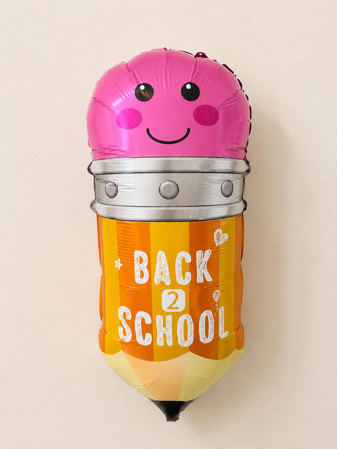 School Party Supplies Giant Pencil Balloon Mylar Foil Construction Teacher Appreciation Gift Classroom Celebration Essential Yellow Orange Body Smiling Face Design Twenty Nine Inch Large Size Pink Eraser Top Silver Band Detail Back To