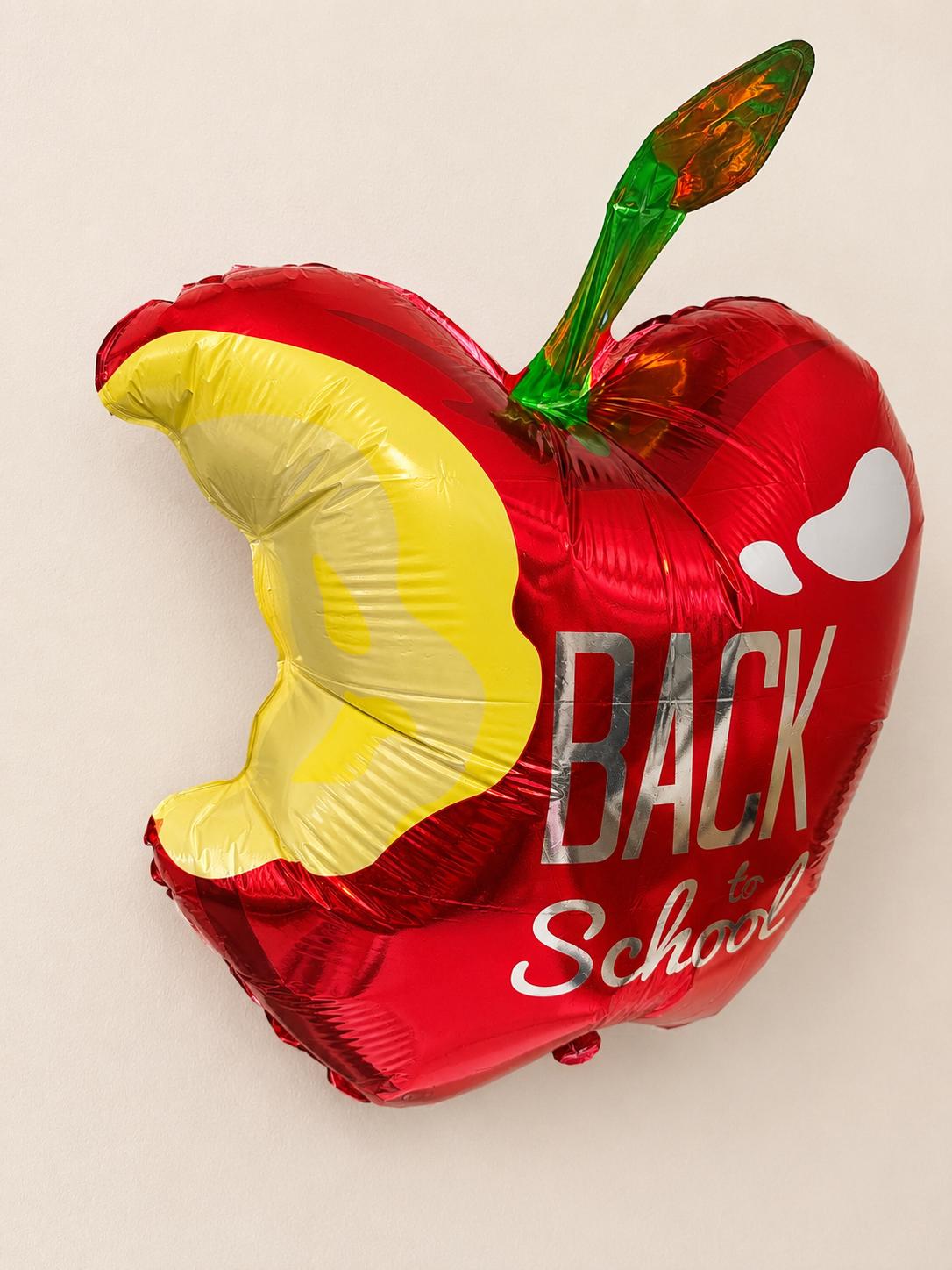 Apple Shape Foil Balloon Back To School Design Teacher Gift Classroom Party Supply Kindergarten Celebration First Day Photo Prop Elementary Student Welcome Red Mylar Balloon Bite Detail Yellow Interior Green Stem Teacher Appreciation