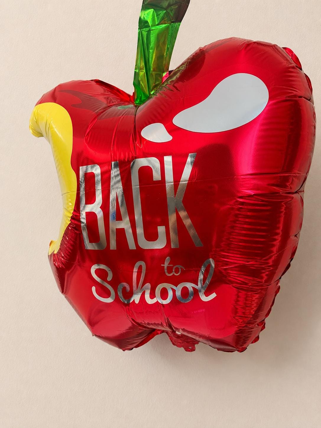 Classroom Celebration Balloon Apple Shape Back To School Teacher Gift Kindergarten Party Supply First Day Photo Prop Elementary Student Welcome Red Mylar Foil Balloon Bite Detail Yellow Interior Green Stem Design Teacher Appreciation School