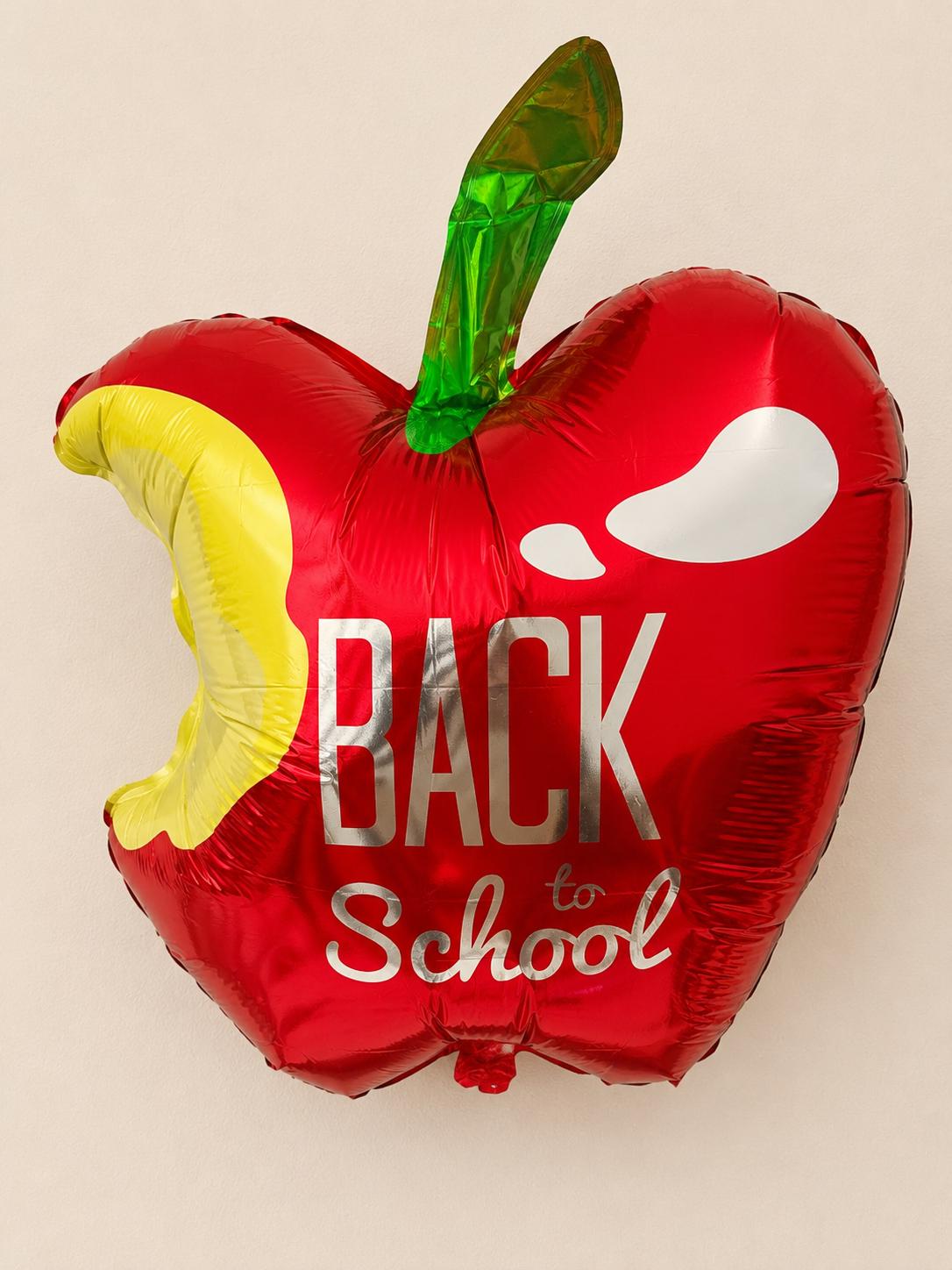 Back To School Balloon Red Apple Shape Teacher Appreciation Gift Classroom Celebration Supply First Day Photo Prop Kindergarten Party Elementary Student Welcome Mylar Foil Balloon Bite Detail Yellow Interior Green Stem Design School Party