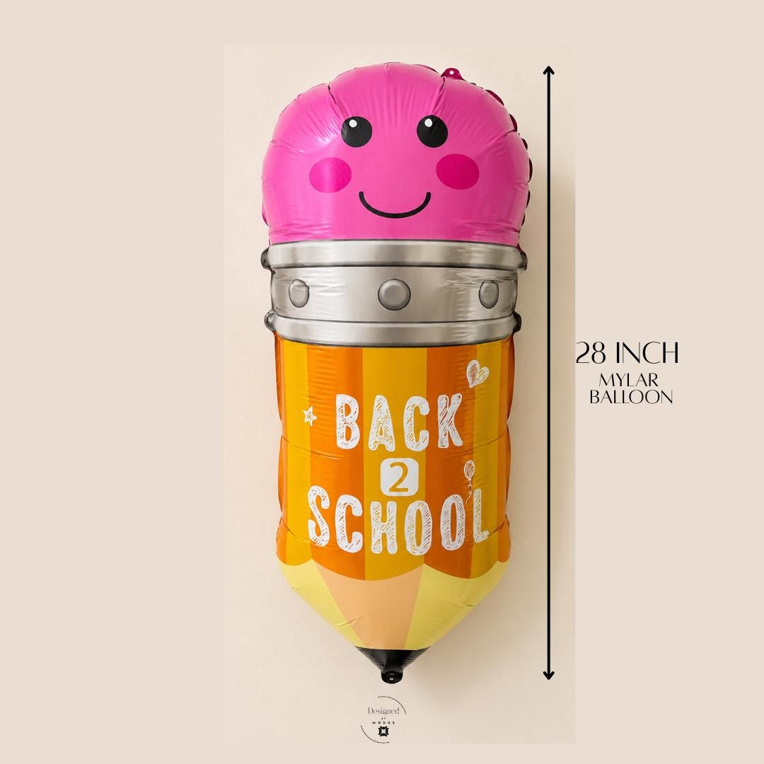 Giant Pencil Balloon Shaped Novelty Design Teacher Appreciation Gift Mylar Foil Construction Twenty Nine Inch Large Size Yellow Orange Body Smiling Face Character Pink Eraser Top Silver Band Detail Classroom Celebration Back To School Party