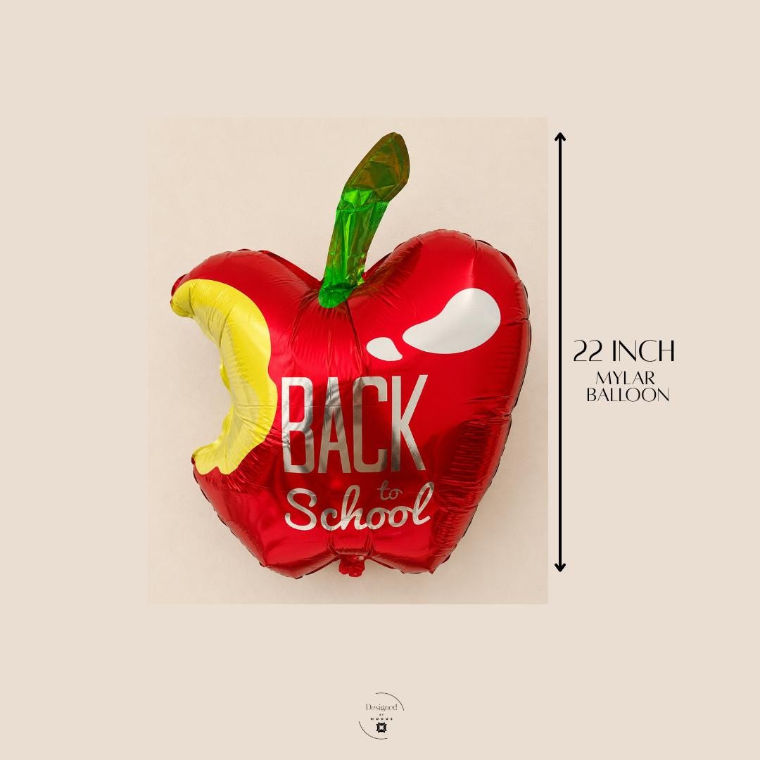 Apple Shape Foil Balloon Back To School Design Teacher Gift Classroom Party Supply Kindergarten Celebration First Day Photo Prop Elementary Student Welcome Red Mylar Balloon Bite Detail Yellow Interior Green Stem Teacher Appreciation