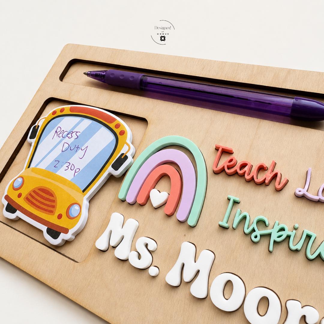 Classroom Desk Accessories Teacher Organization Bundle Personalized Badge Reel Custom Clipboard Set Wooden Note Holder Rainbow Design Pattern Keychain Wristlet Tassel Back To School Essential Four Piece Gift Collection Complete Teacher Set