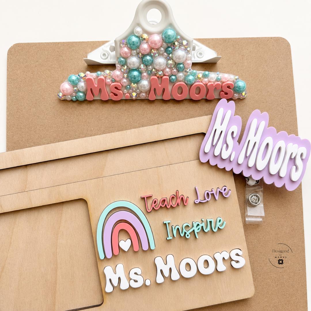 Teacher Appreciation Gift Set Personalized Badge Reel Clipboard Bundle Back to School Desk Accessories Custom Name Keychain Wristlet Wooden