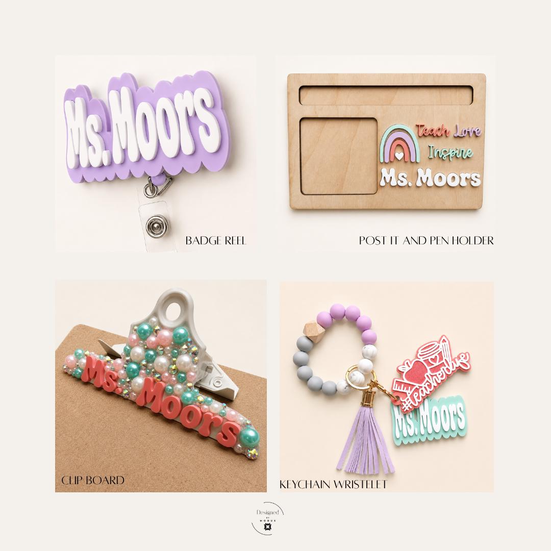 Teacher Appreciation Gift Set Personalized Badge Reel Clipboard Bundle Back to School Desk Accessories Custom Name Keychain Wristlet Wooden