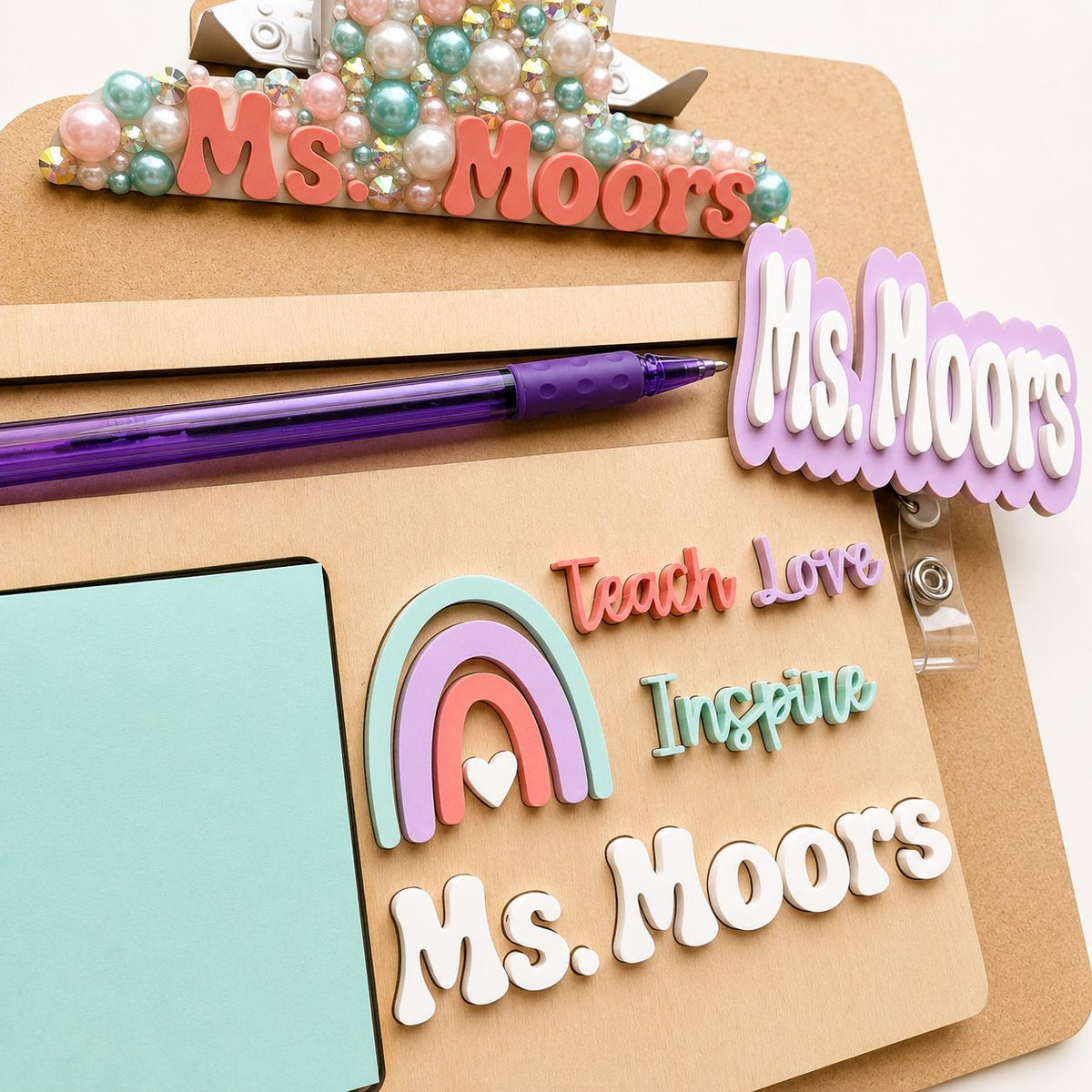 Teacher Appreciation Gift Set Personalized Badge Reel Clipboard Bundle Back to School Desk Accessories Custom Name Keychain Wristlet Wooden