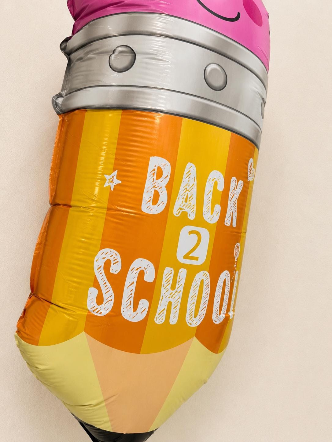 Giant Pencil Balloon Shaped Novelty Design Teacher Appreciation Gift Mylar Foil Construction Twenty Nine Inch Large Size Yellow Orange Body Smiling Face Character Pink Eraser Top Silver Band Detail Classroom Celebration Back To School Party