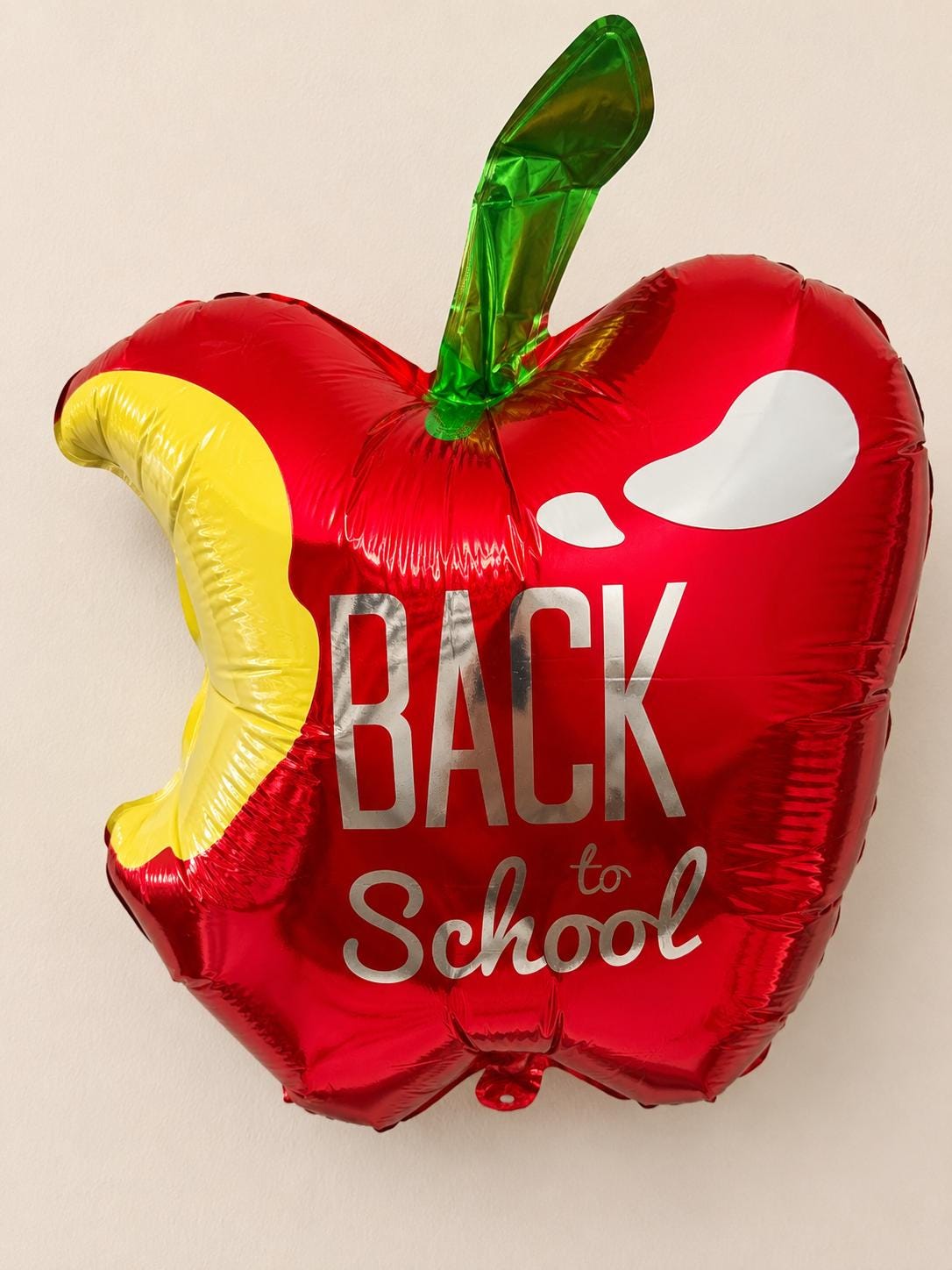 School Party Supply Apple Balloon Back To School Teacher Appreciation Gift First Day Celebration Kindergarten Photo Prop Elementary Student Welcome Classroom Display Red Foil Mylar Balloon Bite Detail Yellow Interior Green Stem Design