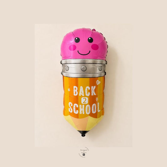 School Party Supplies Giant Pencil Balloon Mylar Foil Construction Teacher Appreciation Gift Classroom Celebration Essential Yellow Orange Body Smiling Face Design Twenty Nine Inch Large Size Pink Eraser Top Silver Band Detail Back To