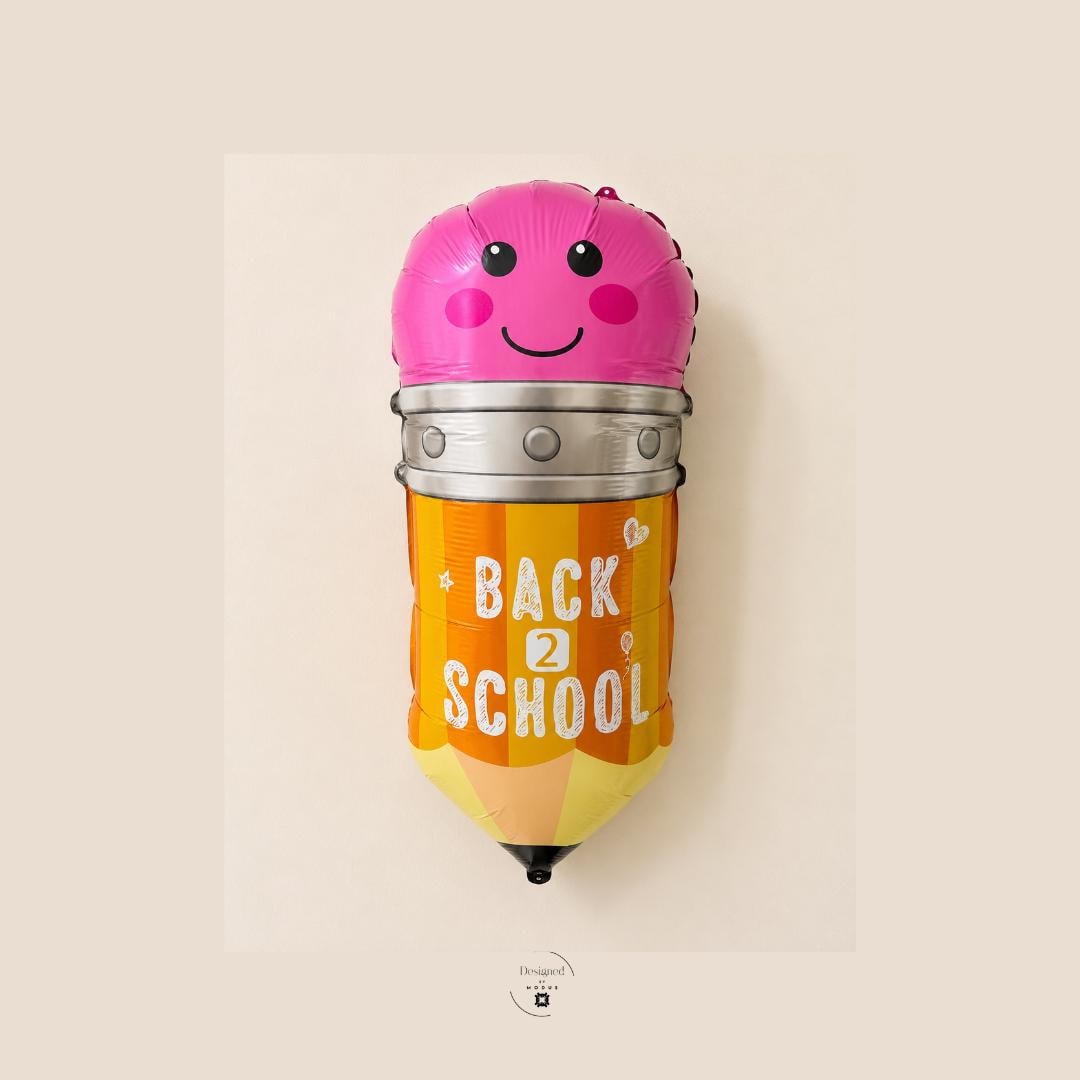 School Party Supplies Giant Pencil Balloon Mylar Foil Construction Teacher Appreciation Gift Classroom Celebration Essential Yellow Orange Body Smiling Face Design Twenty Nine Inch Large Size Pink Eraser Top Silver Band Detail Back To