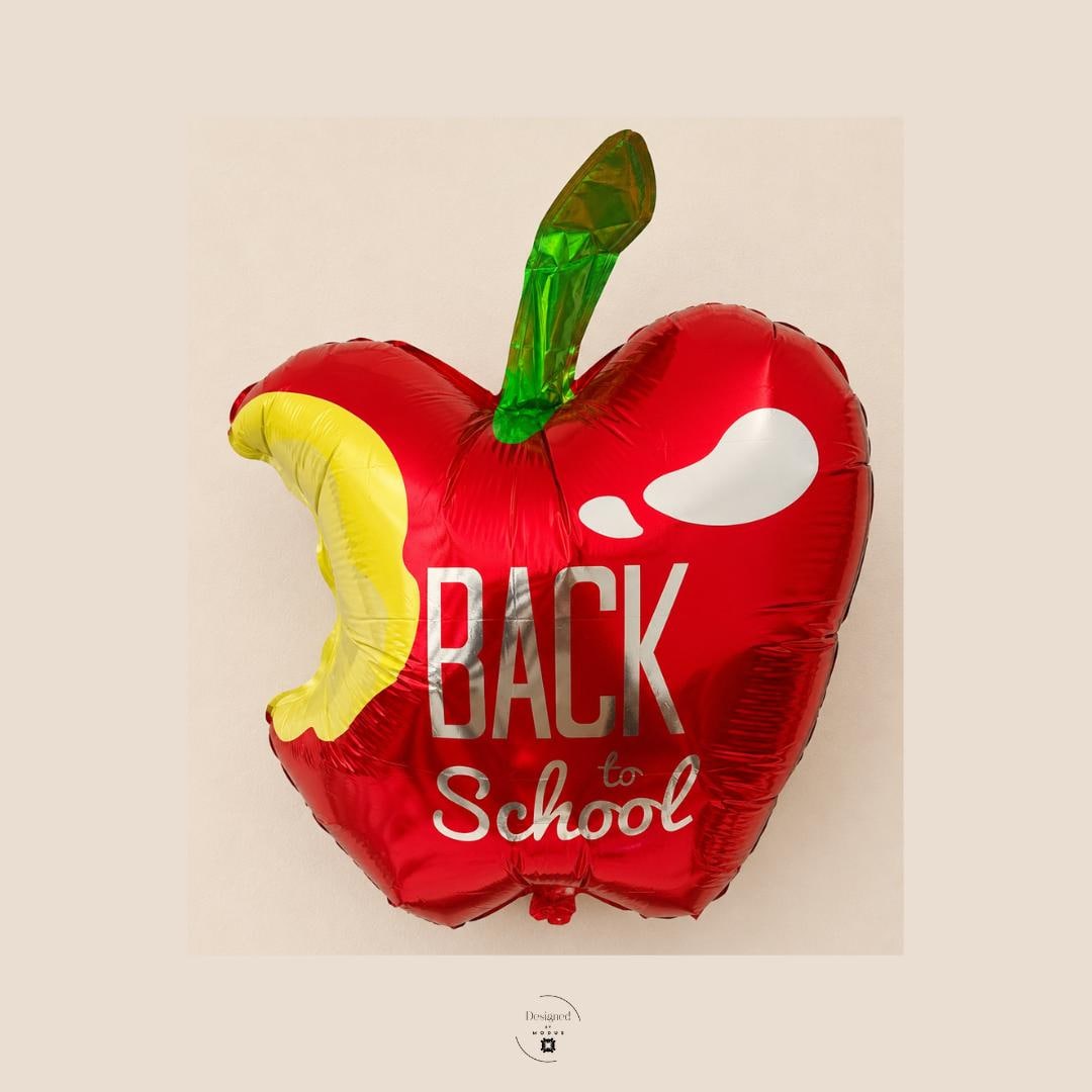 Back To School Balloon Red Apple Shape Teacher Appreciation Gift Classroom Celebration Supply First Day Photo Prop Kindergarten Party Elementary Student Welcome Mylar Foil Balloon Bite Detail Yellow Interior Green Stem Design School Party
