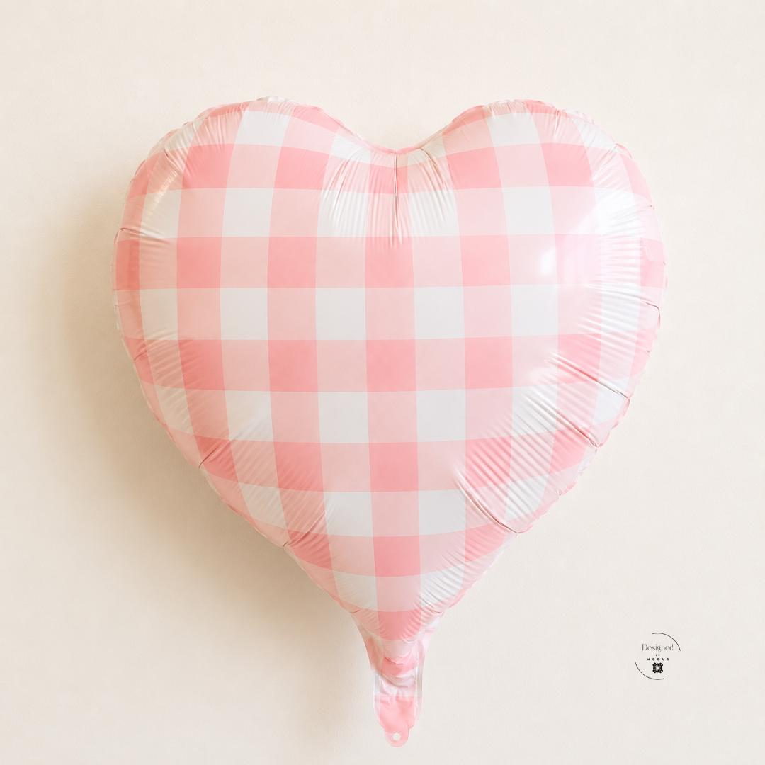 Heart Shaped Balloon Mylar Foil Valentine Party Decoration Pink Gingham Pattern Checkered Design Metallic Finish 18 Inch Inflatable Party Supply Self Sealing Valve Anniversary Celebration Gift Idea Birthday Party Essential Romantic Event