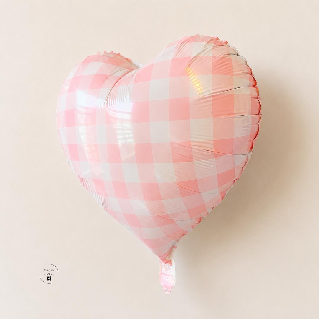 Metallic Finish Heart Balloon Pink Gingham Checkered Pattern Mylar Foil Valentine Celebration Decoration Party Supply Anniversary Gift Idea Birthday Event Styling 18 Inch Inflatable Design Farmhouse Style Romantic Accent Self Sealing Valve