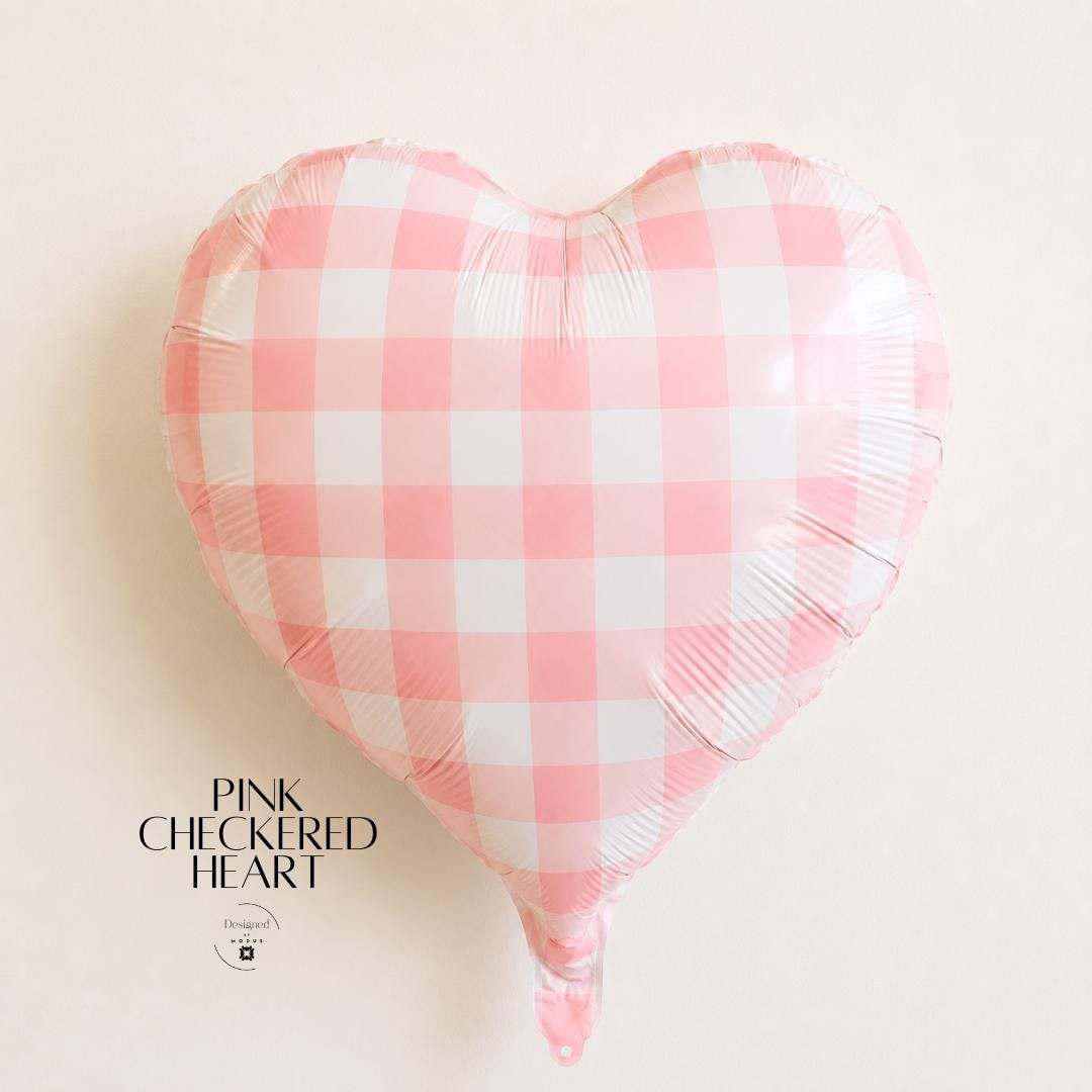 Heart Shaped Balloon Mylar Foil Valentine Party Decoration Pink Gingham Pattern Checkered Design Metallic Finish 18 Inch Inflatable Party Supply Self Sealing Valve Anniversary Celebration Gift Idea Birthday Party Essential Romantic Event