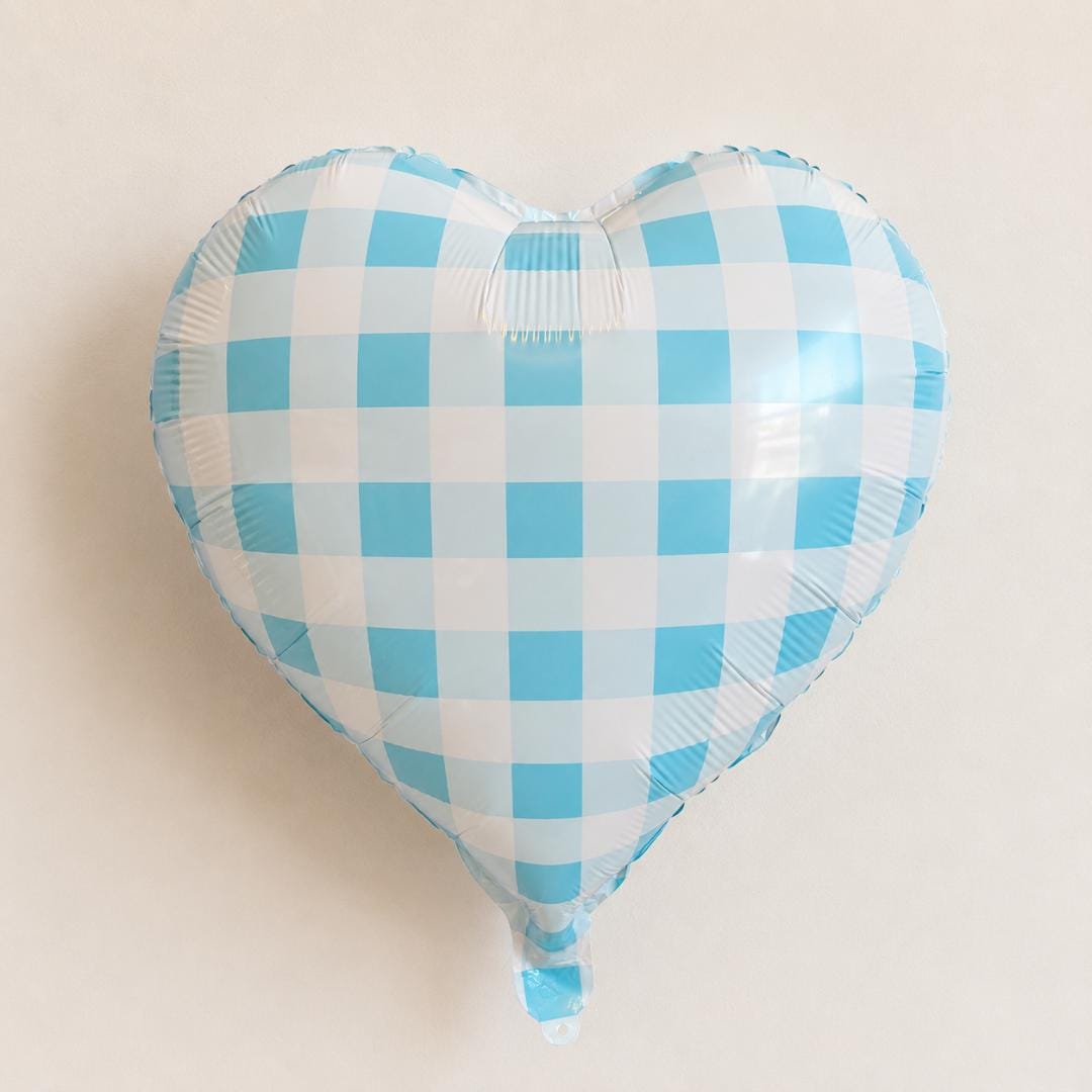Baby Shower Boy Balloon Heart Shaped Foil Mylar Blue Gingham Checkered Pattern Metallic Reflective Surface 18 Inch Party Celebration Supply Farmhouse Theme Gender Reveal Nursery Wall Display Helium Air Inflation Ready Birthday Centerpiece