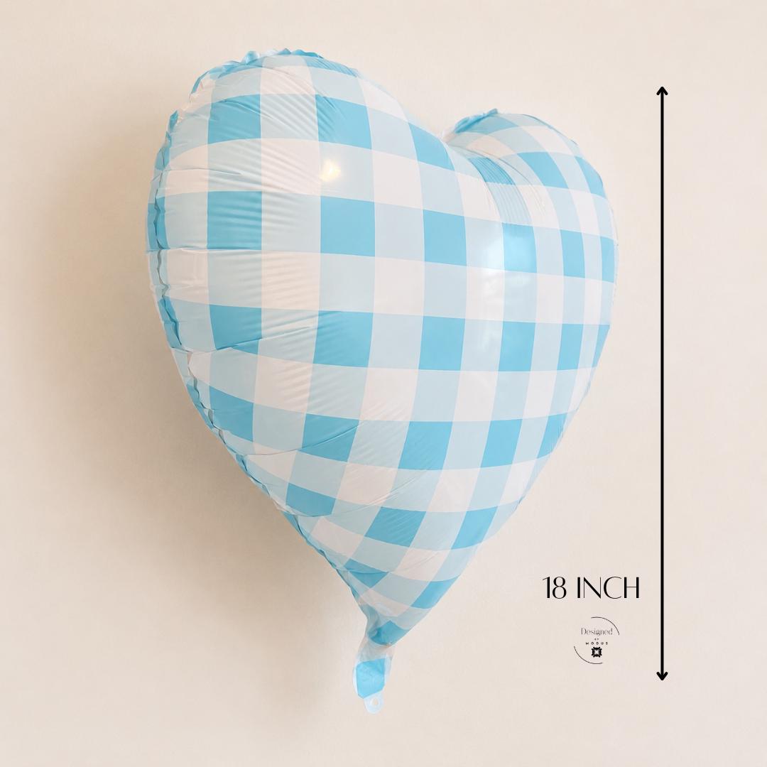 Party Celebration Supply Heart Shaped Foil Balloon Blue Gingham Checkered Pattern Baby Shower Boy Gender Reveal Theme 18 Inch Metallic Mylar Surface Nursery Wall Display Farmhouse Style Birthday Centerpiece Helium Air Ready Anniversary Gift