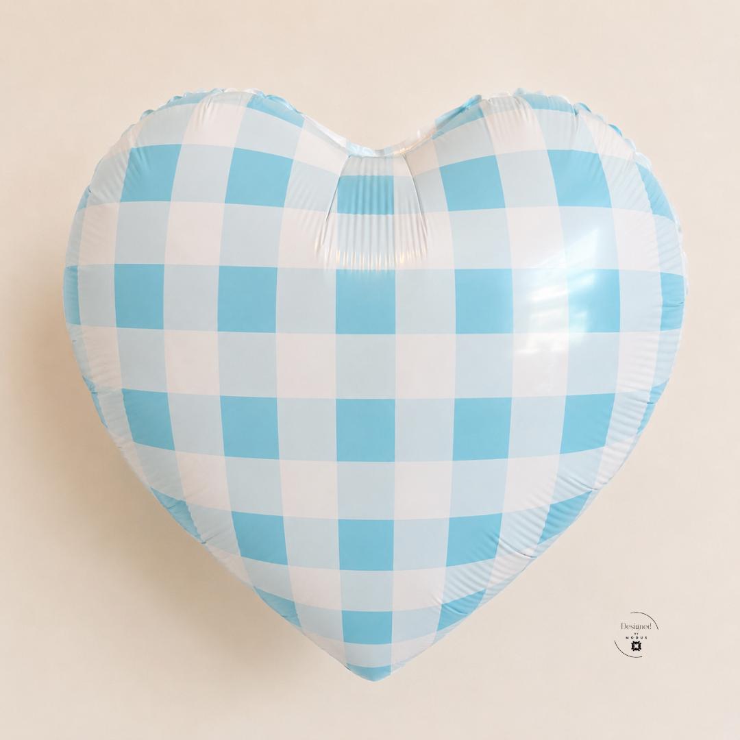 Party Celebration Supply Heart Shaped Foil Balloon Blue Gingham Checkered Pattern Baby Shower Boy Gender Reveal Theme 18 Inch Metallic Mylar Surface Nursery Wall Display Farmhouse Style Birthday Centerpiece Helium Air Ready Anniversary Gift