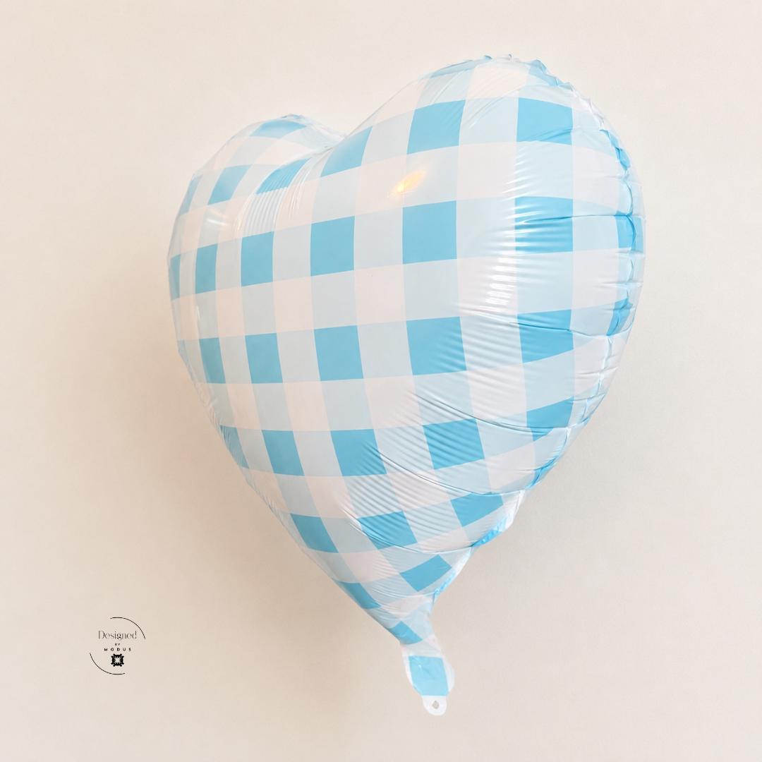 Blue Gingham Checkered Pattern Heart Shaped Foil Balloon Metallic Mylar Reflective Surface Baby Shower Boy Party Celebration Supply 18 Inch Farmhouse Theme Nursery Wall Display Gender Reveal Centerpiece Helium Air Inflation Ready Vintage