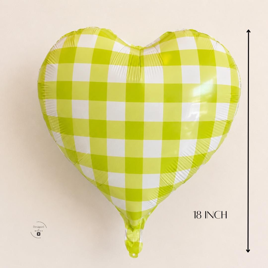 Heart Mylar Balloon Party Decoration Baby Shower Bridal Celebration Birthday Gingham Foil Lime Green Checkered Pattern Farmhouse Style