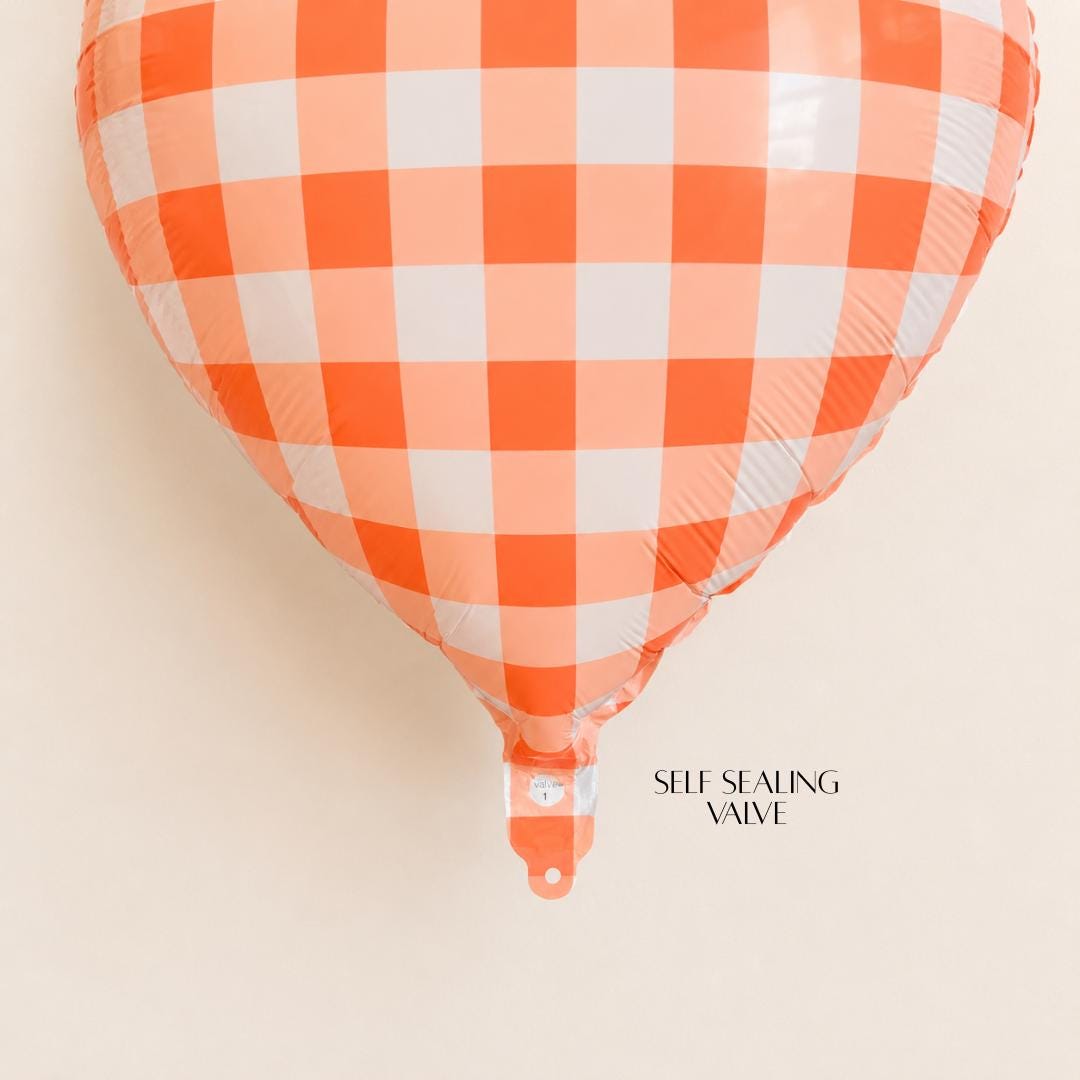 Gingham Checkered Pattern Mylar Foil Heart Balloon Orange White Farmhouse Theme Party Supply Birthday Celebration Spring Event Summer Picnic Gathering Glossy Metallic Finish 18 Inch Heart Shape Baby Shower Bridal Celebration Country Rustic