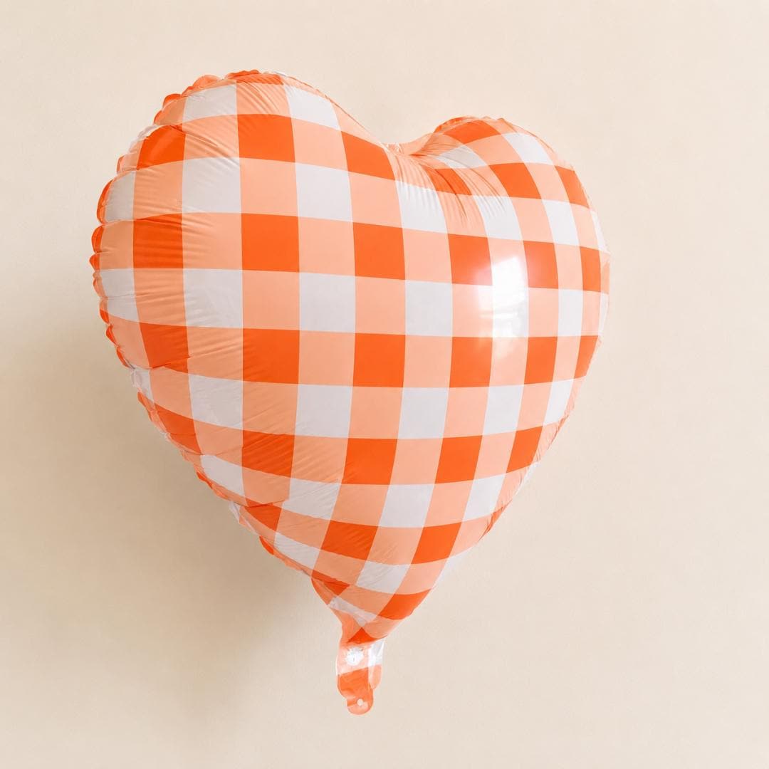 Mylar Foil Heart Balloon Orange Gingham Pattern Birthday Party Celebration Farmhouse Theme Spring Summer Event Picnic Gathering Baby Shower Bridal Supply Glossy Metallic Finish 18 Inch Heart Shape Checkered Country Style Rustic Party