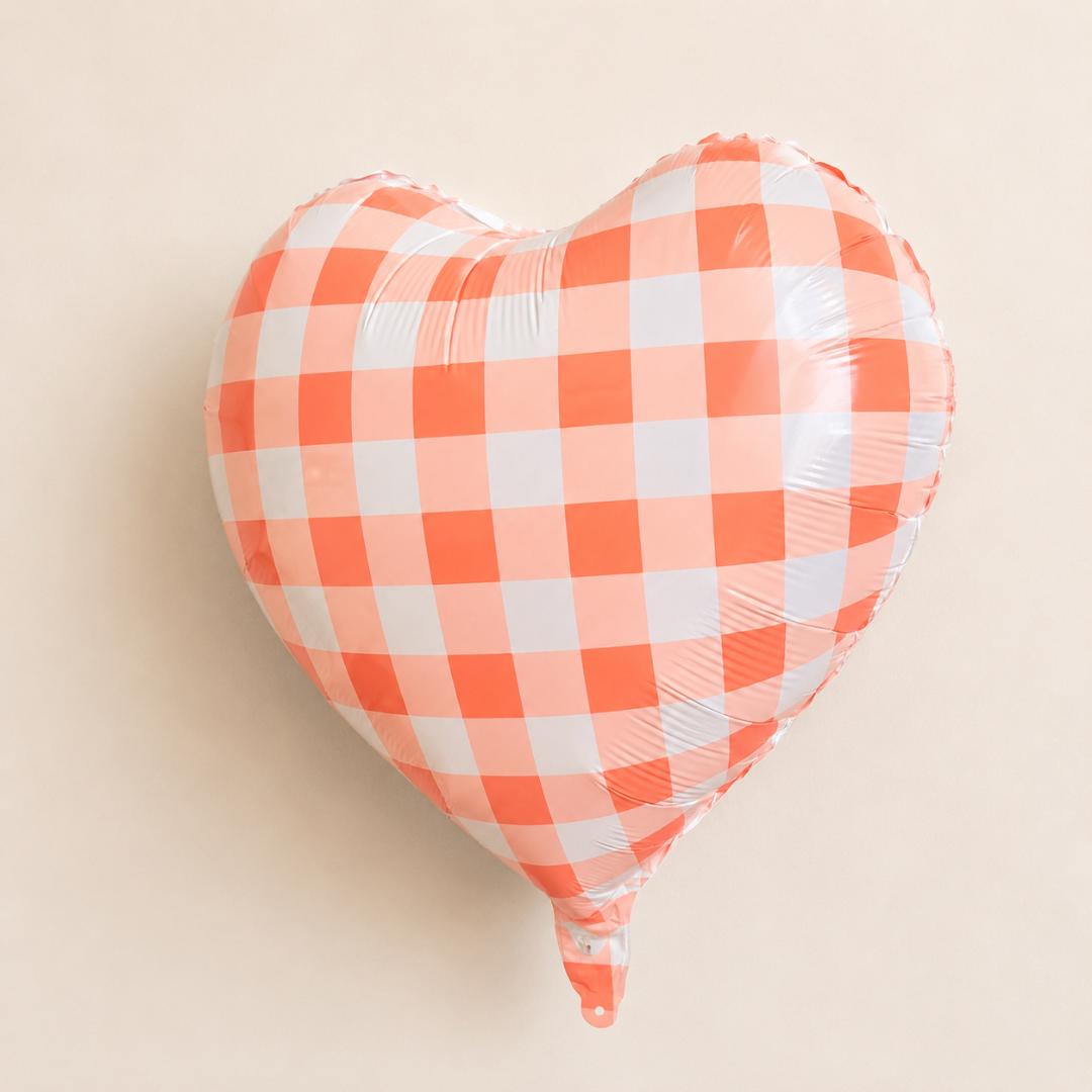 Spring Event Summer Celebration Orange Heart Balloon Gingham Checkered Pattern Mylar Foil Farmhouse Theme Birthday Party Picnic Gathering Baby Shower Bridal Supply Glossy Metallic Finish 18 Inch Heart Shape Country Rustic Style Party