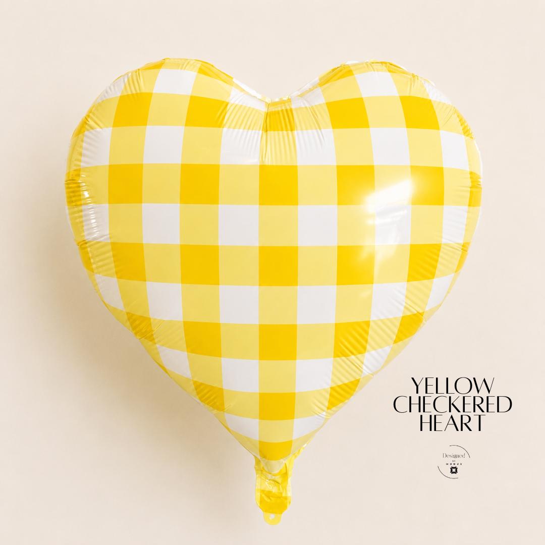 Metallic Heart Balloon Foil Design Yellow Checkered Pattern Glossy Finish Romantic Gift Perfect Anniversary Present Birthday Celebration Baby Shower Bridal Party Eighteen Inch Helium Inflatable Beautiful Party Supply Celebration Essential