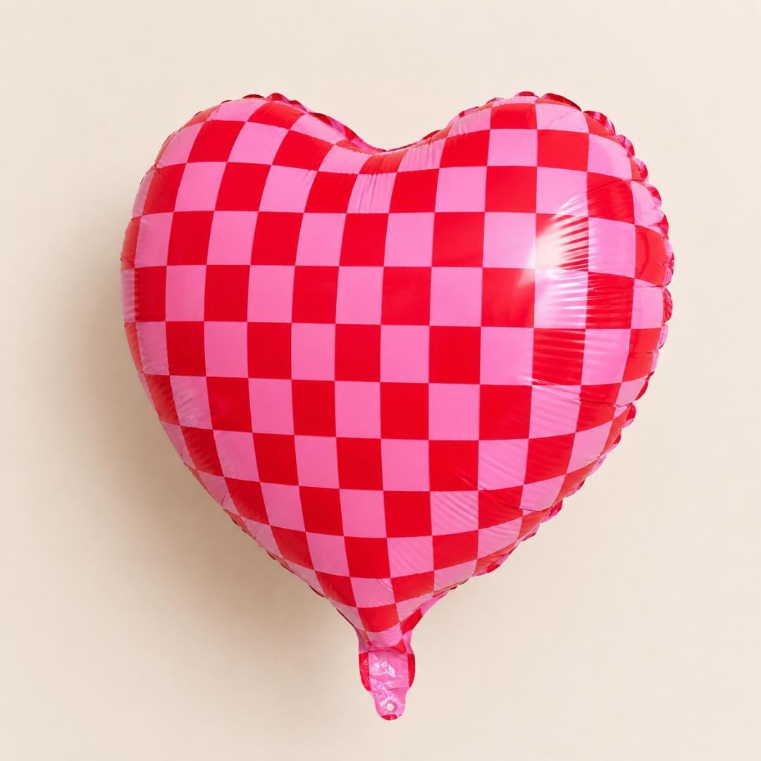 Heart Mylar Balloon Valentine Party Decoration Centerpiece Romantic Event Anniversary Celebration Love Theme 18 Inch Heart Shaped Foil Balloon Red Pink Checkered Pattern Helium Air Inflatable Party Supply Festive Occasion Styling Beautiful