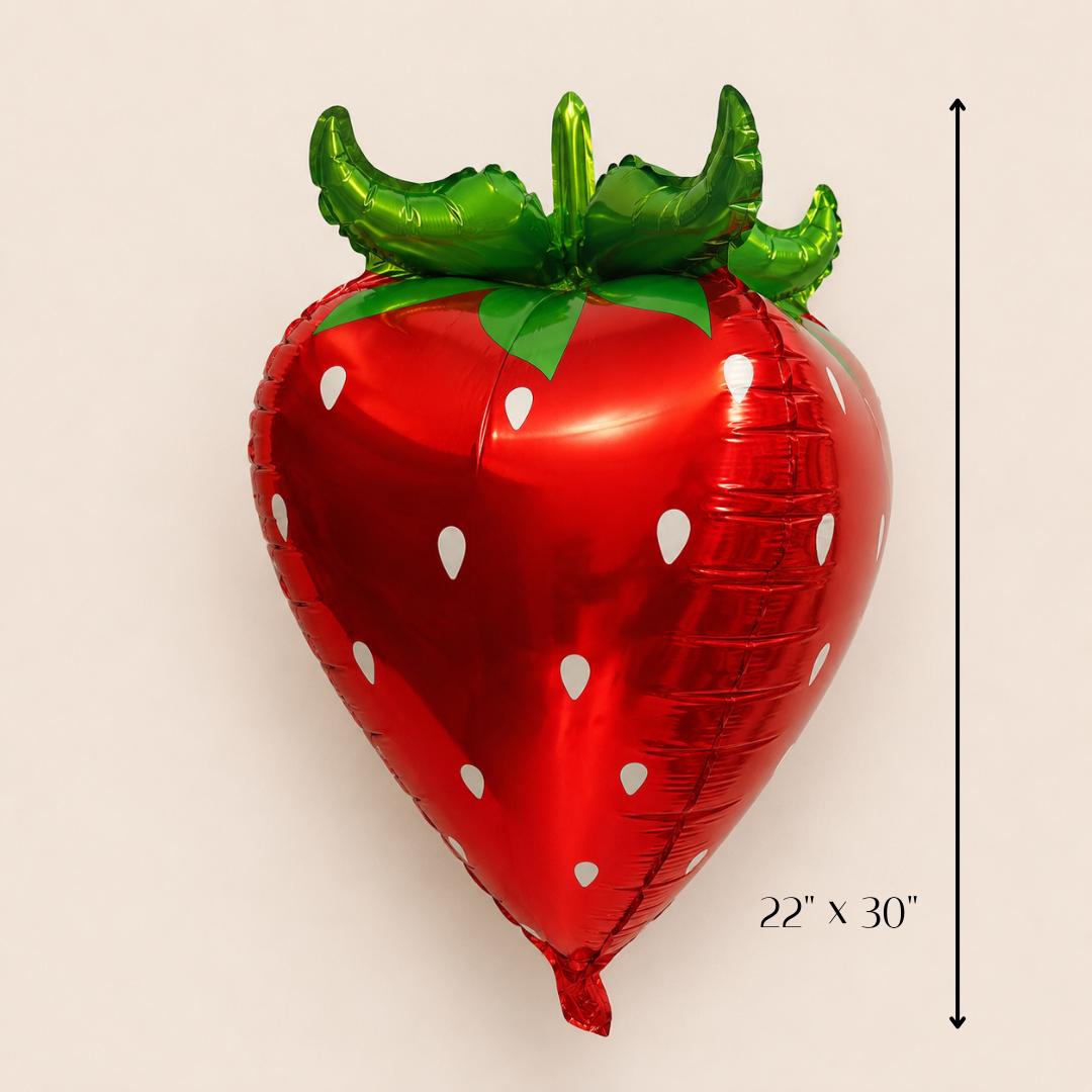 Strawberry Balloon Party Birthday Celebration Baby Shower Fruit Themed Summer Event Kids Festive Foil Mylar Helium Inflatable Shaped Berry Red Body White Seed Details Green Metallic Leaves Self Sealing Valve Party Supply Hanging Display
