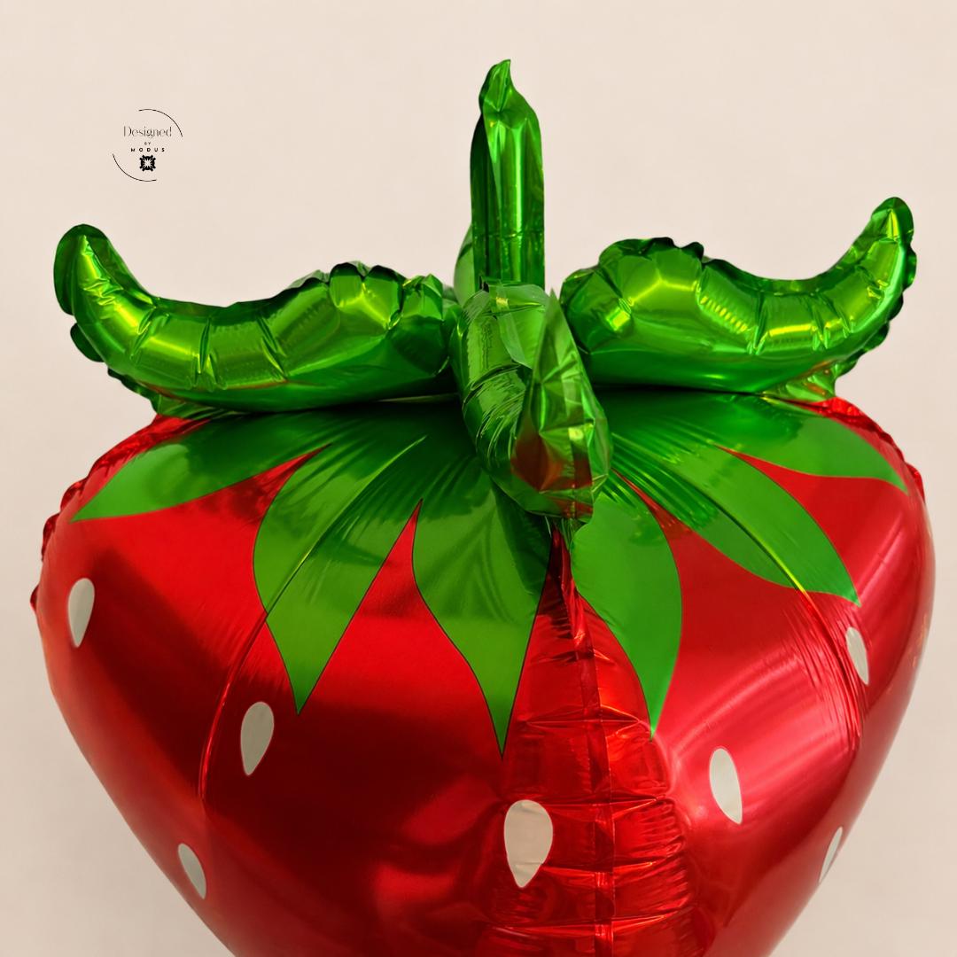 Foil Mylar Helium Balloon Strawberry Shaped Berry Party Supply Birthday Celebration Baby Shower Fruit Themed Summer Event Kids Festive Red Body White Seed Details Green Metallic Leaves Self Sealing Valve Inflatable Party Element Hanging