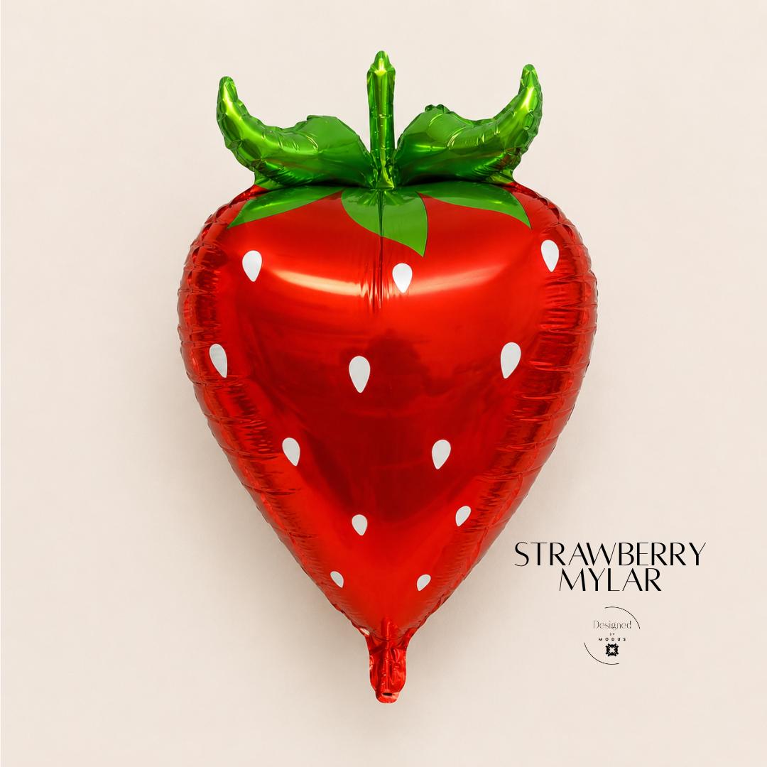 Foil Mylar Helium Balloon Strawberry Shaped Berry Party Supply Birthday Celebration Baby Shower Fruit Themed Summer Event Kids Festive Red Body White Seed Details Green Metallic Leaves Self Sealing Valve Inflatable Party Element Hanging
