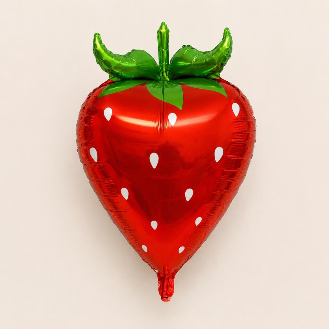 Strawberry Balloon Party Birthday Celebration Baby Shower Fruit Themed Summer Event Kids Festive Foil Mylar Helium Inflatable Shaped Berry Red Body White Seed Details Green Metallic Leaves Self Sealing Valve Party Supply Hanging Display